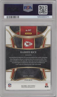 Rashee Rice from the 2023 Panini Select set featuring a Dragon Scale parallel graded by PSA and given an overall grade of 9.