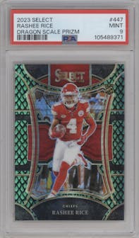 Rashee Rice from the 2023 Panini Select set featuring a Dragon Scale parallel graded by PSA and given an overall grade of 9.
