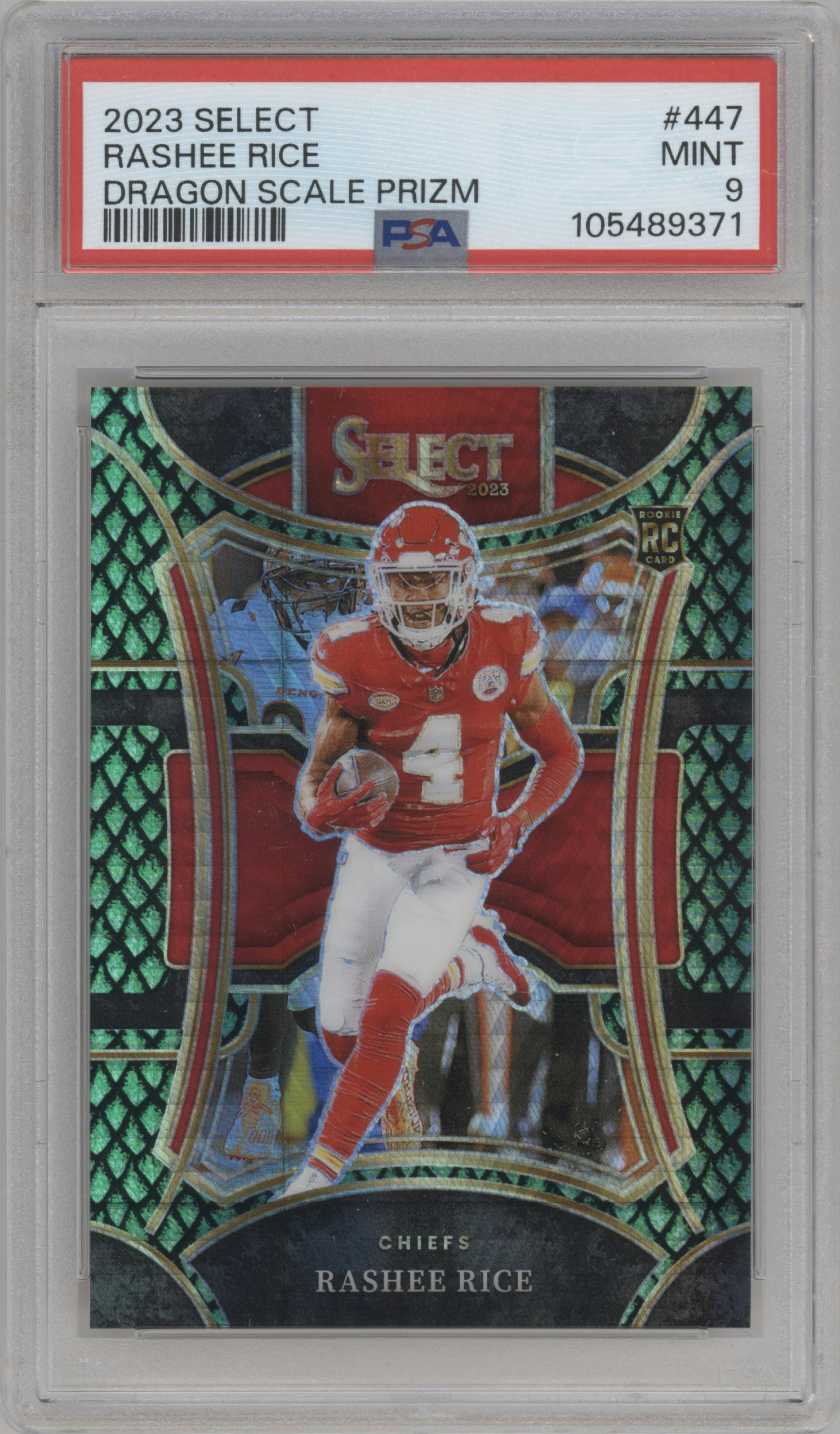 Rashee Rice from the 2023 Panini Select set featuring a Dragon Scale parallel graded by PSA and given an overall grade of 9.