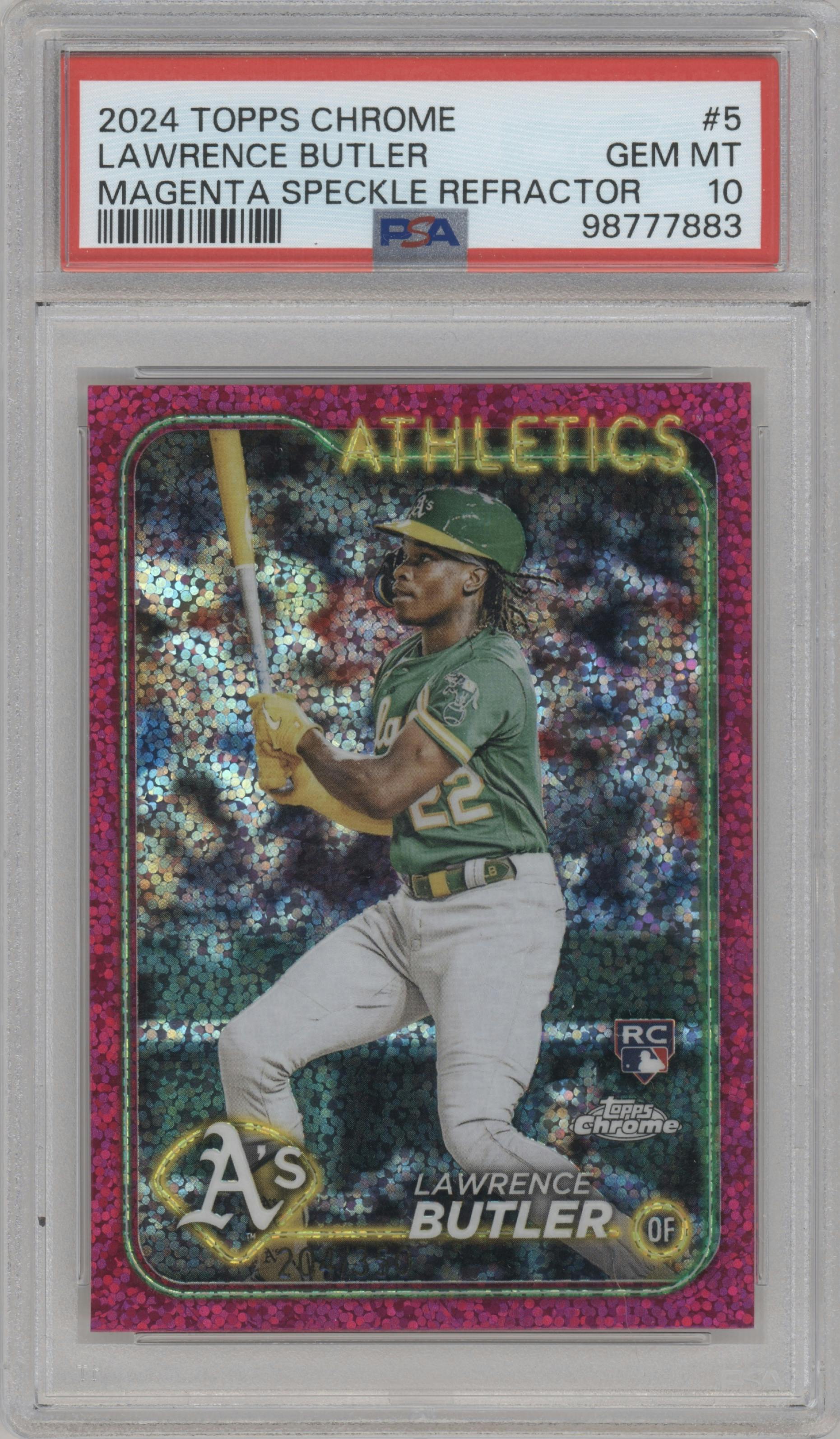 Lawrence Butler from the 2024 Topps Chrome set featuring a Magenta Speckle Refractor parallel graded by PSA and given an overall grade of 10.