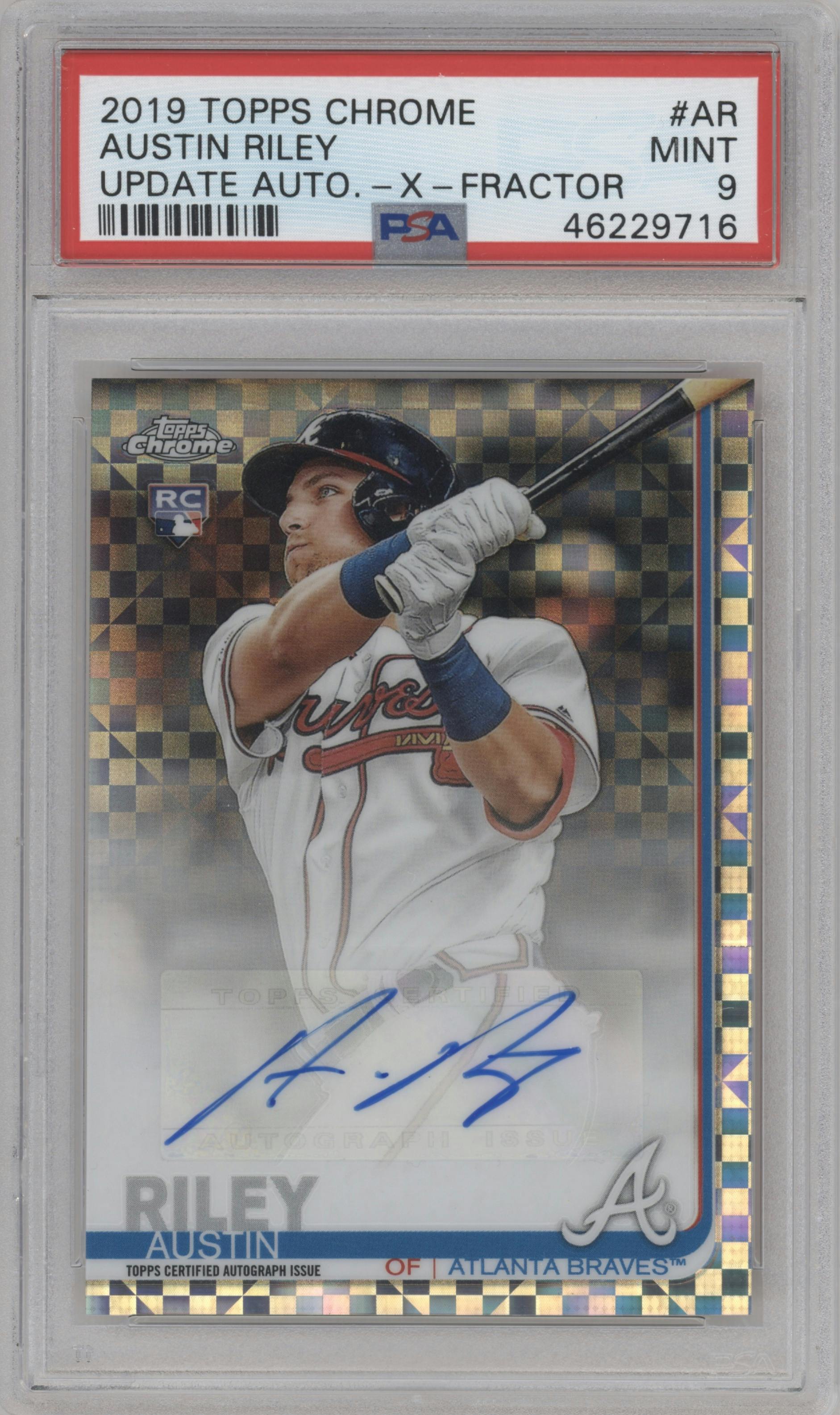 Austin Riley from the 2019 Topps Chrome Update set featuring a X-Fractor parallel graded by PSA and given an overall grade of 9.