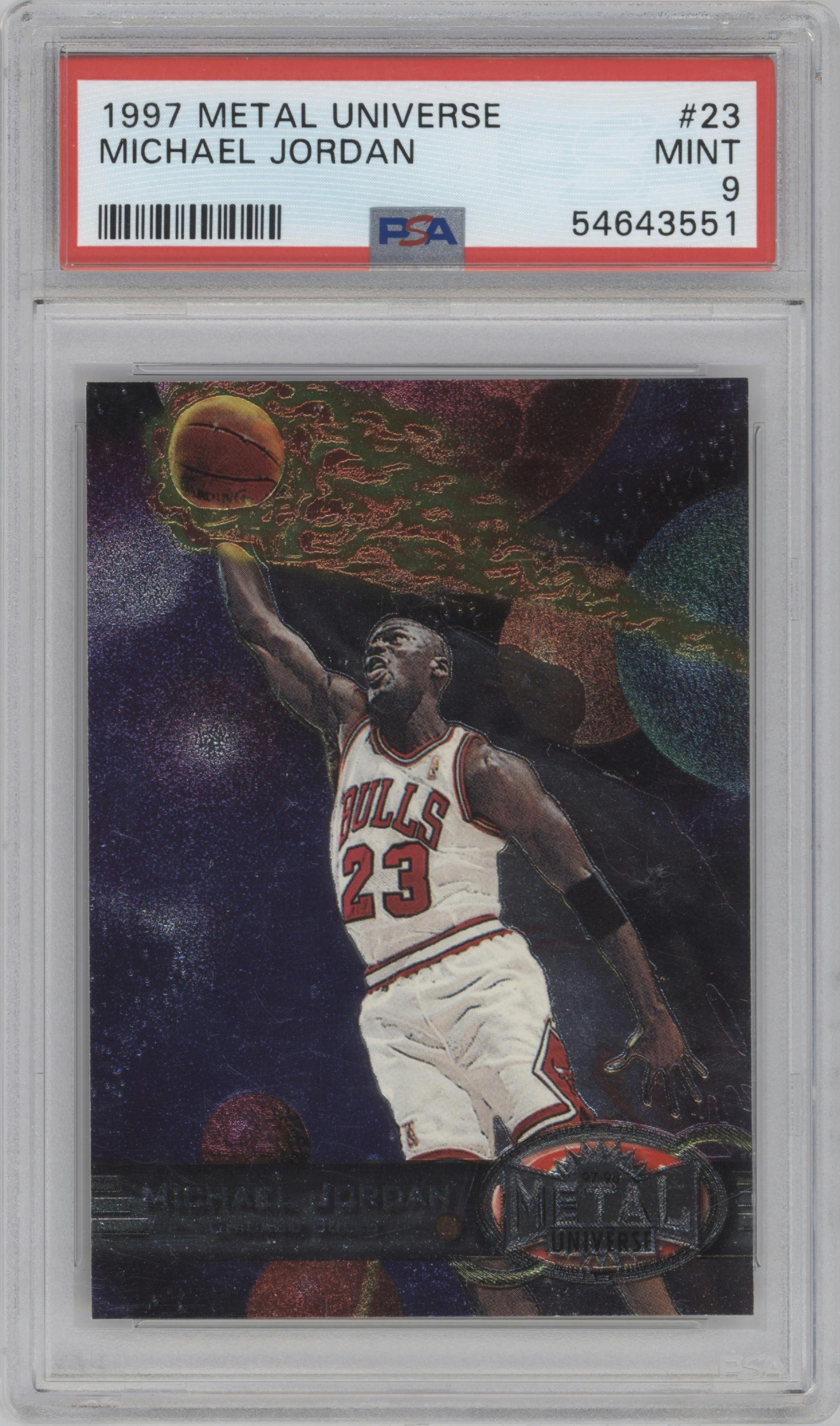 Michael Jordan from the 1997-98 Metal Universe set graded by PSA and given an overall grade of 9.