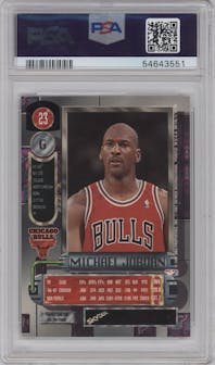 Michael Jordan from the 1997-98 Metal Universe set graded by PSA and given an overall grade of 9.
