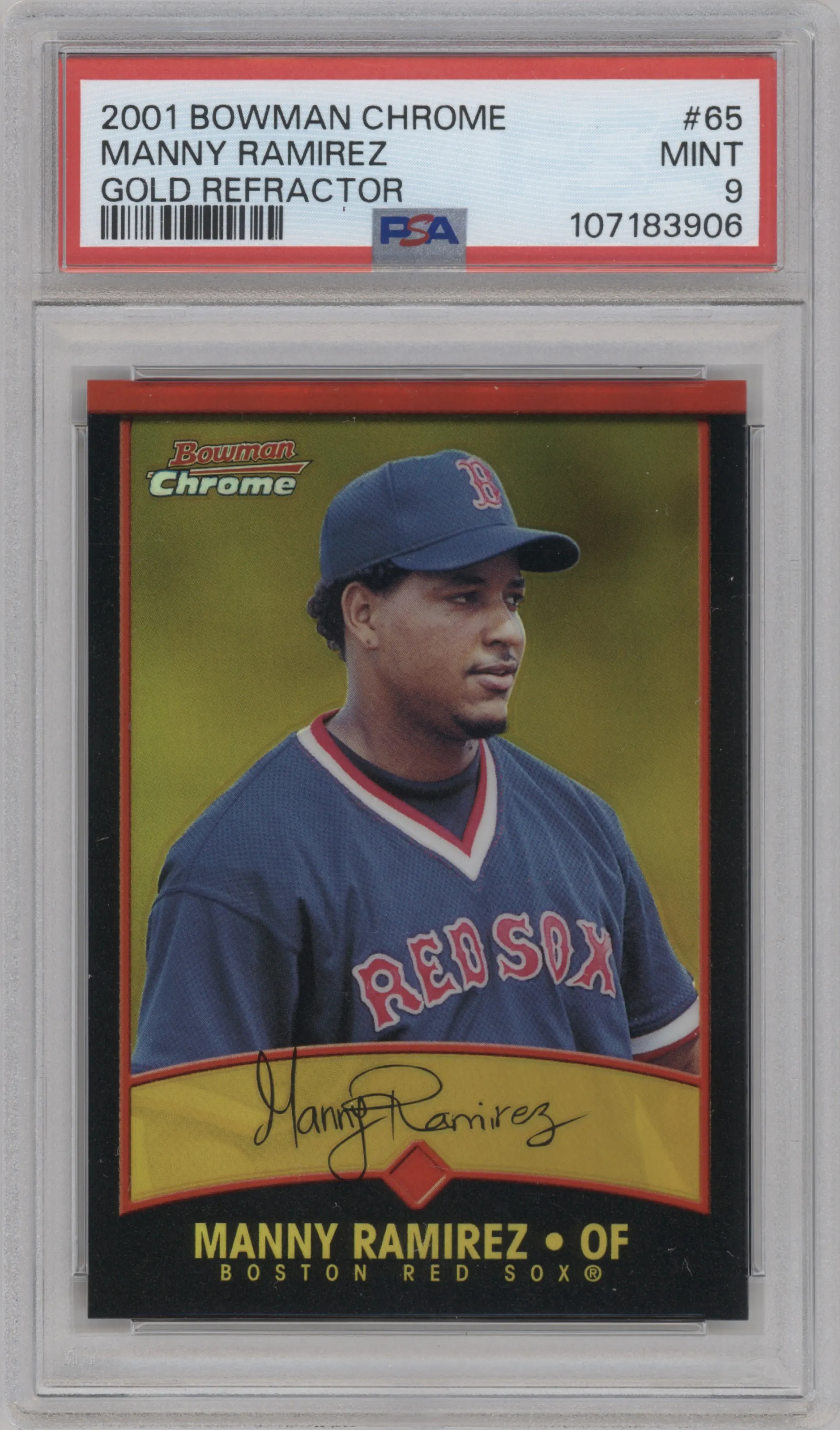 Manny Ramirez from the 2001 Bowman Chrome set featuring a Gold Refractor parallel graded by PSA and given an overall grade of 9.