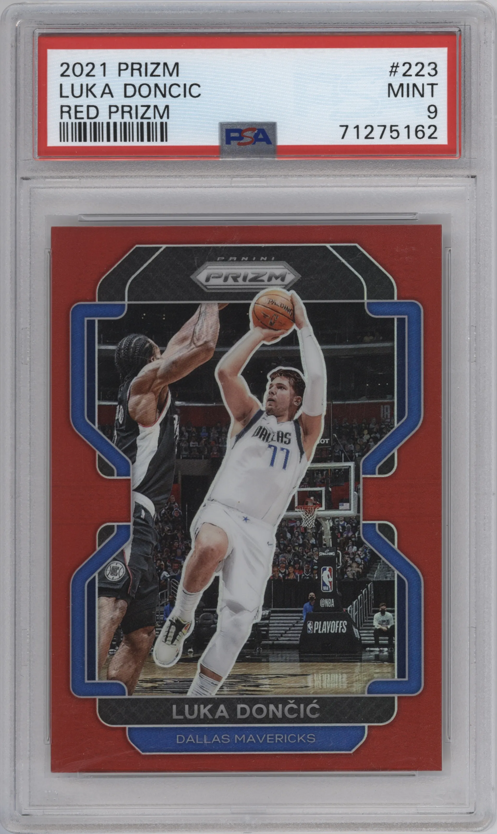 Luka Doncic from the 2021-22 Panini Prizm  set featuring a Red Prizm parallel graded by PSA and given an overall grade of 9.