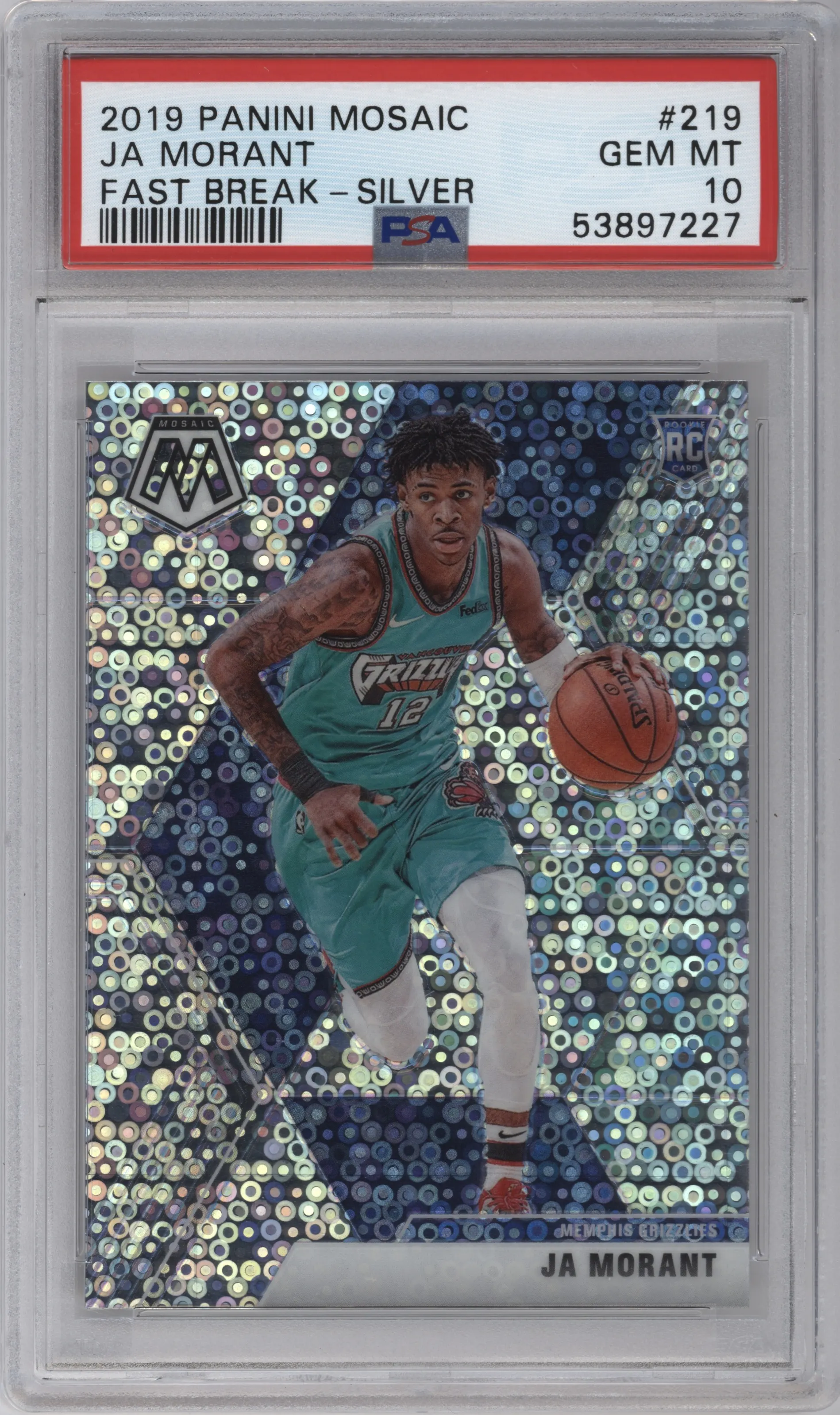 Ja Morant from the 2019-20 Panini Mosaic  set featuring a Fast Break  Silver parallel graded by PSA and given an overall grade of 10.