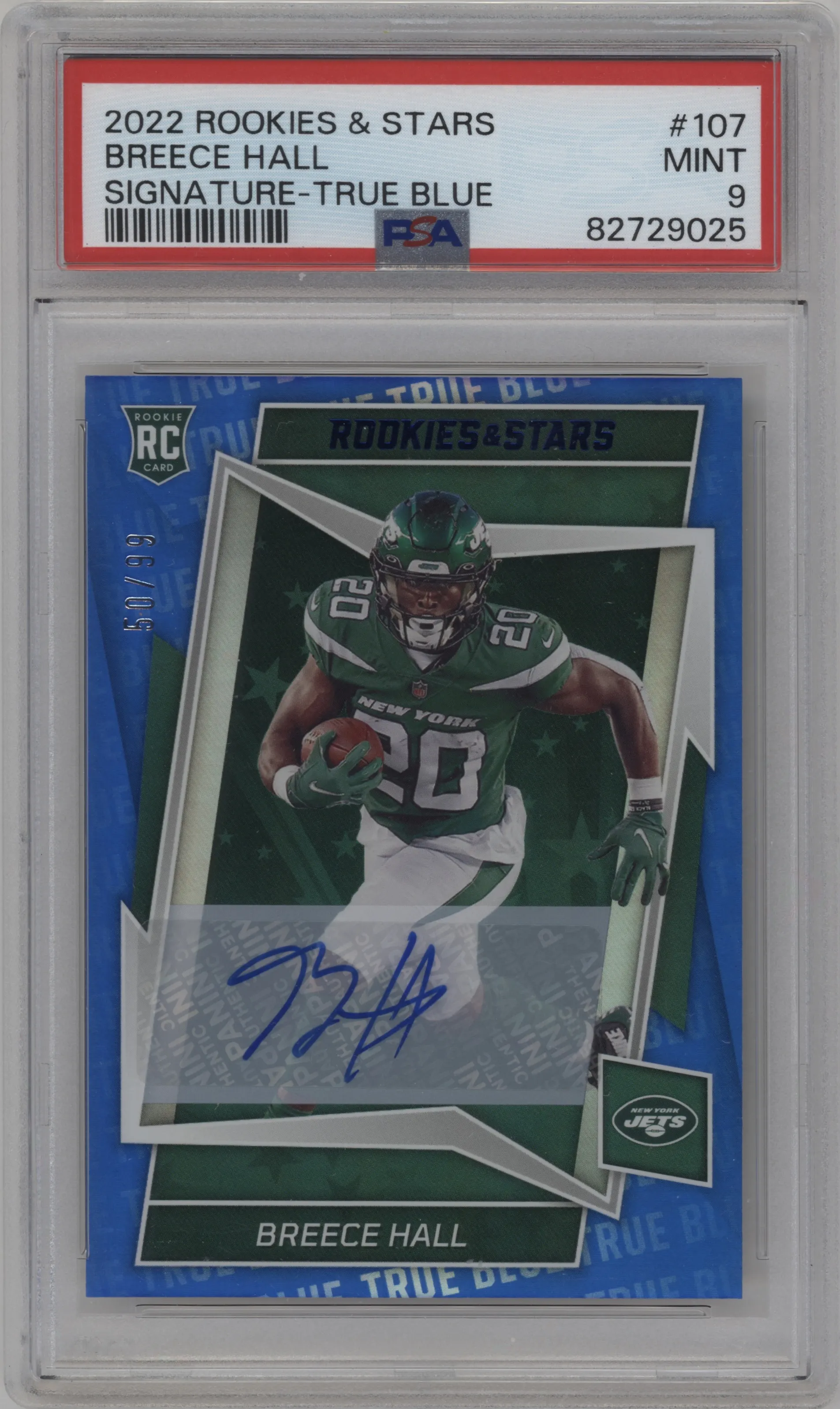 2022 Panini Rookies & Stars Rke.Sig. Breece Hall True Blue #107 PSA 9