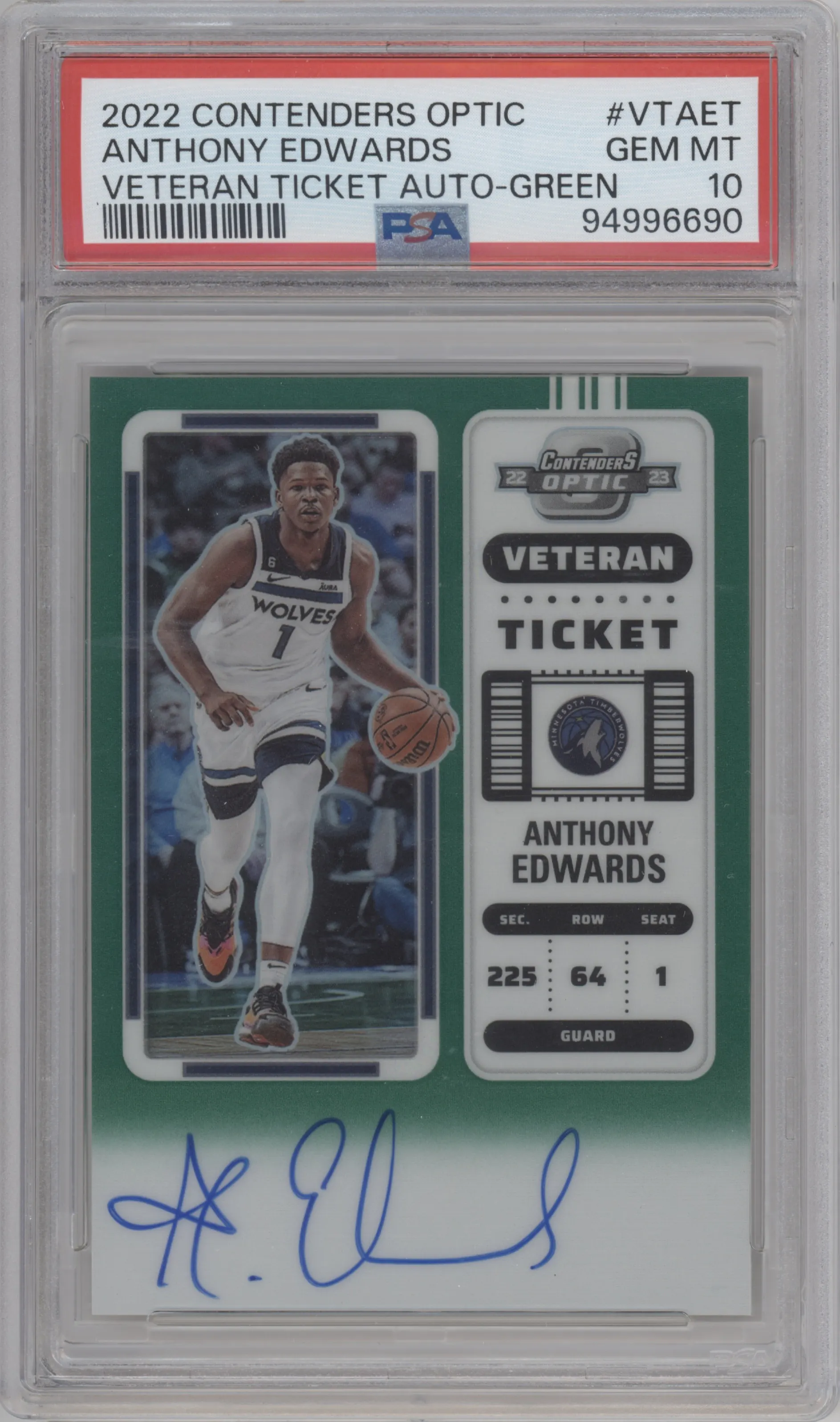 Anthony Edwards from the 2022-23 Panini Contenders Optic set featuring a Green parallel graded by PSA and given an overall grade of 10.