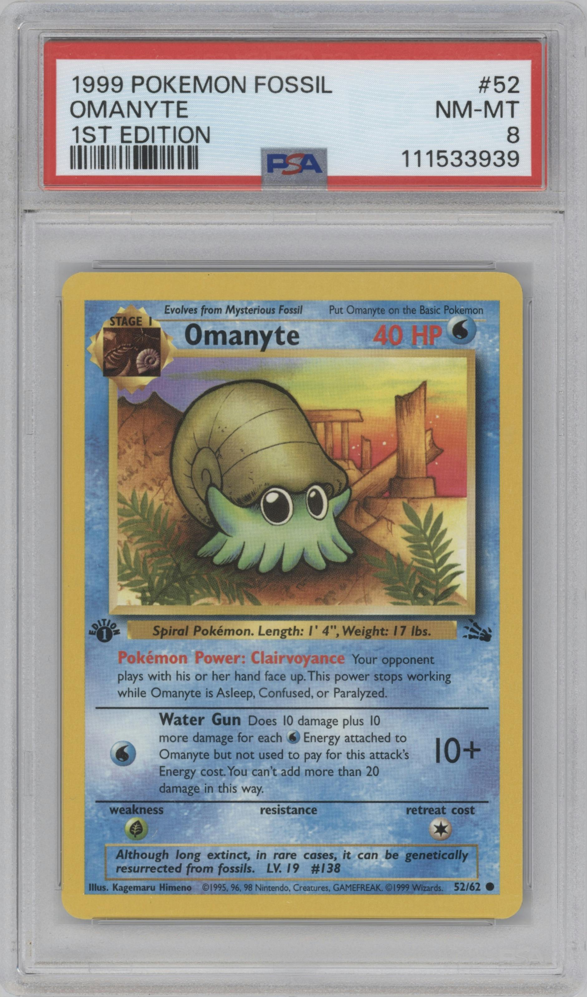  Omanyte from the 1999 Pokemon set graded by PSA and given an overall grade of 8.