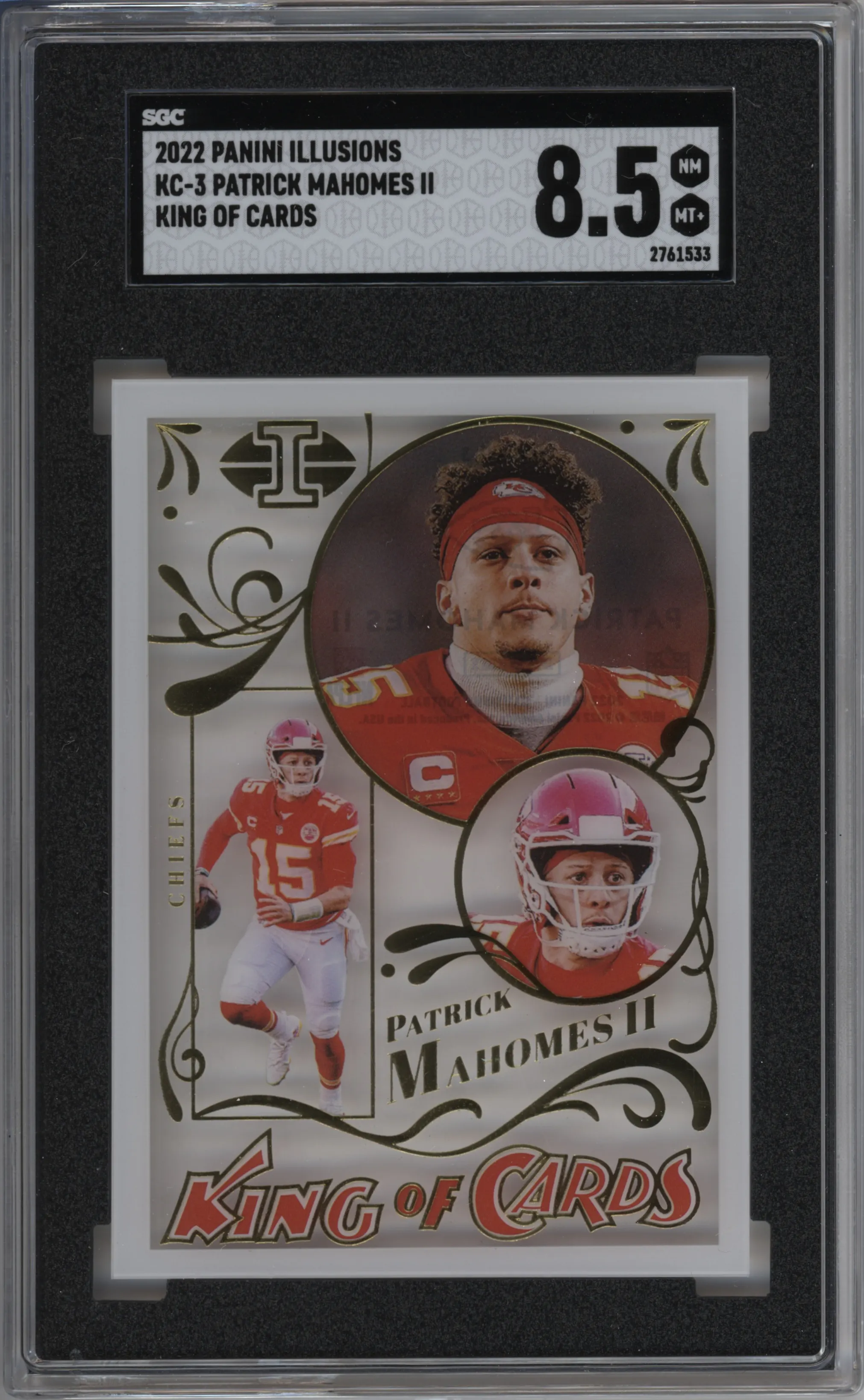 Patrick Mahomes II from the 2022 Panini Illusions set graded by SGC and given an overall grade of 8.5.