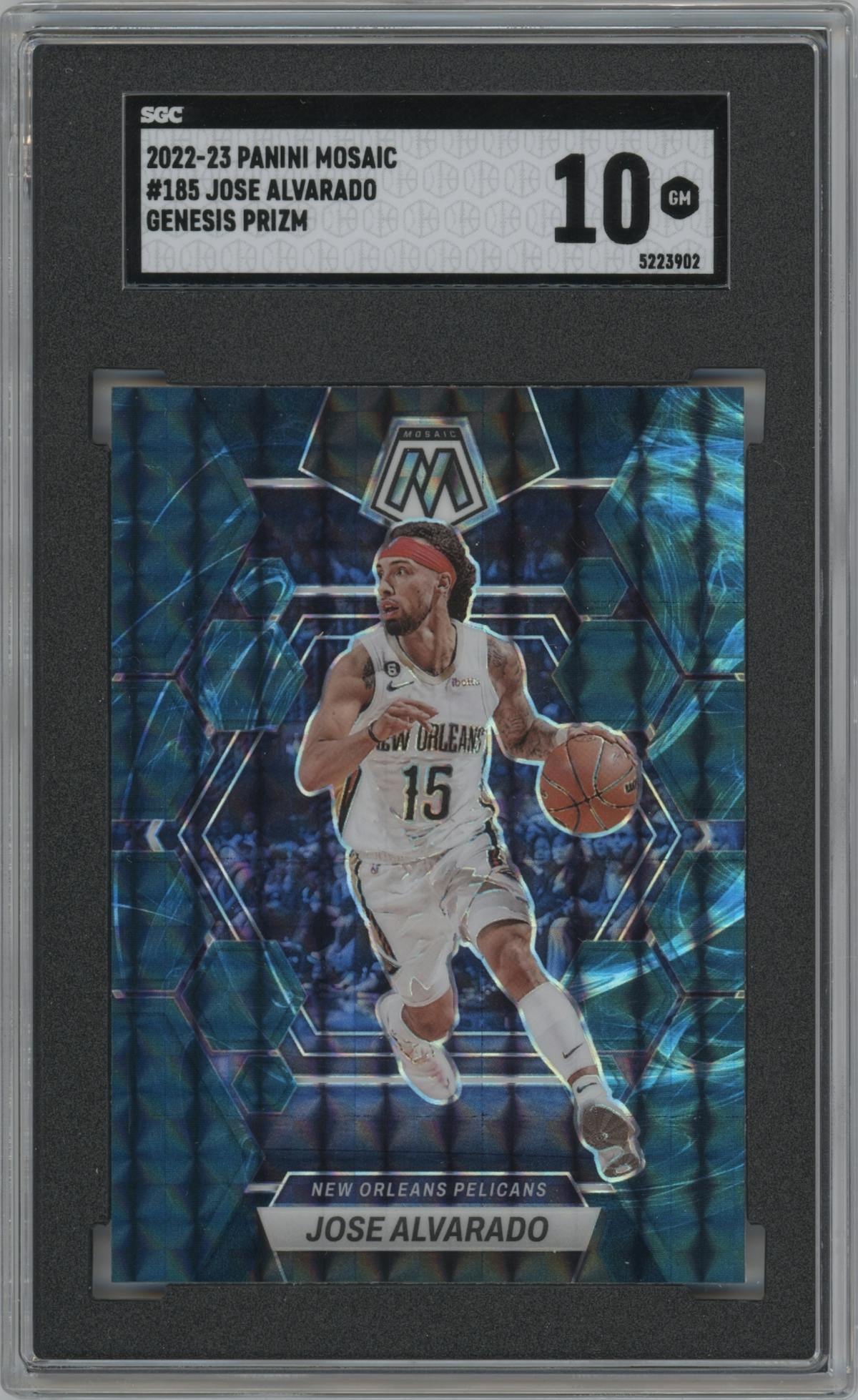 Jose Alvarado from the 2022-23 Panini Mosaic set featuring a Genesis parallel graded by SGC and given an overall grade of 10.