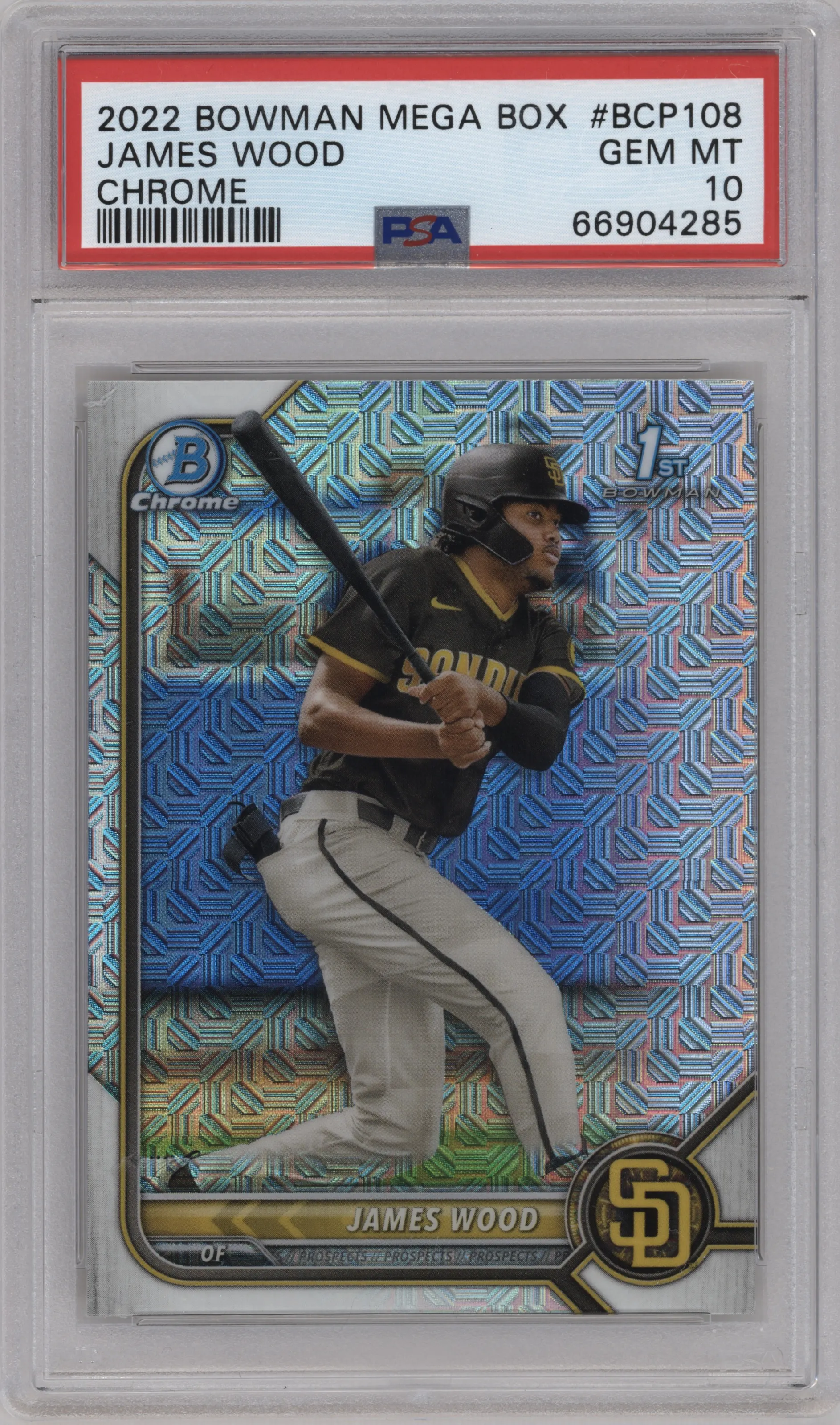 James Wood from the 2022 Bowman Mega Box set graded by PSA and given an overall grade of 10.
