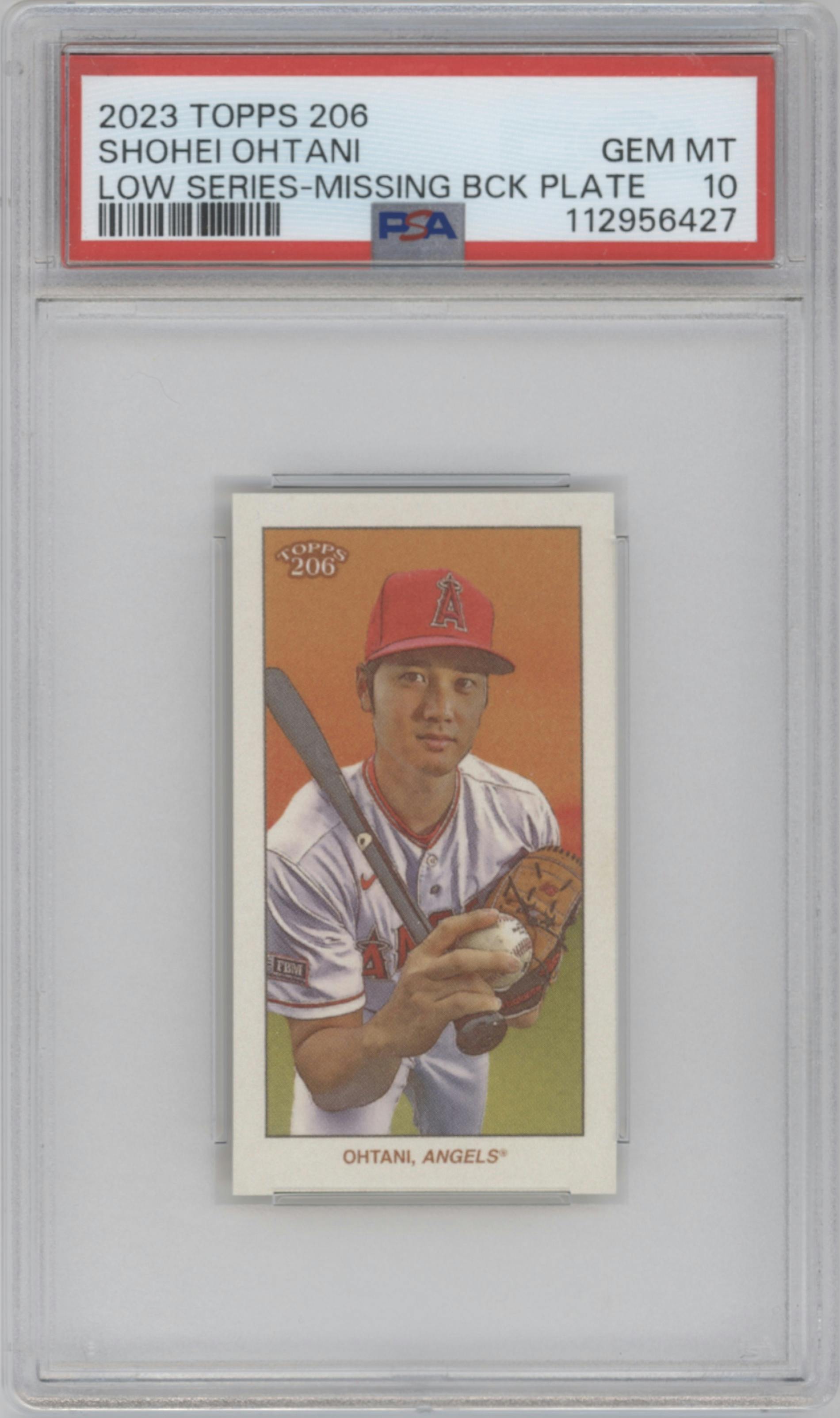 Shohei Ohtani from the 2023 Topps 206 set featuring a Missing Black Plate parallel graded by PSA and given an overall grade of 10.