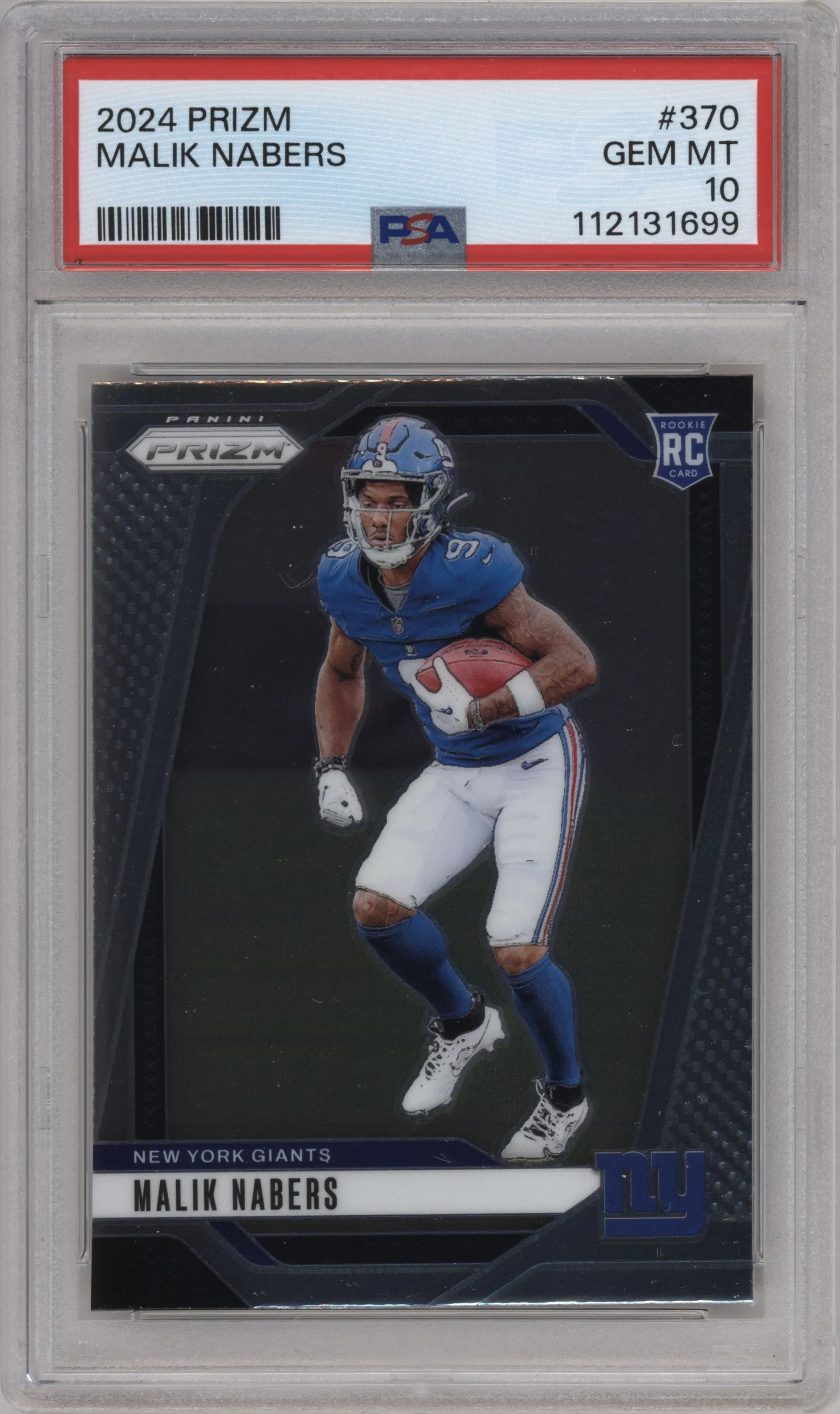 Malik Nabers from the 2024 Panini Prizm set graded by PSA and given an overall grade of 10.