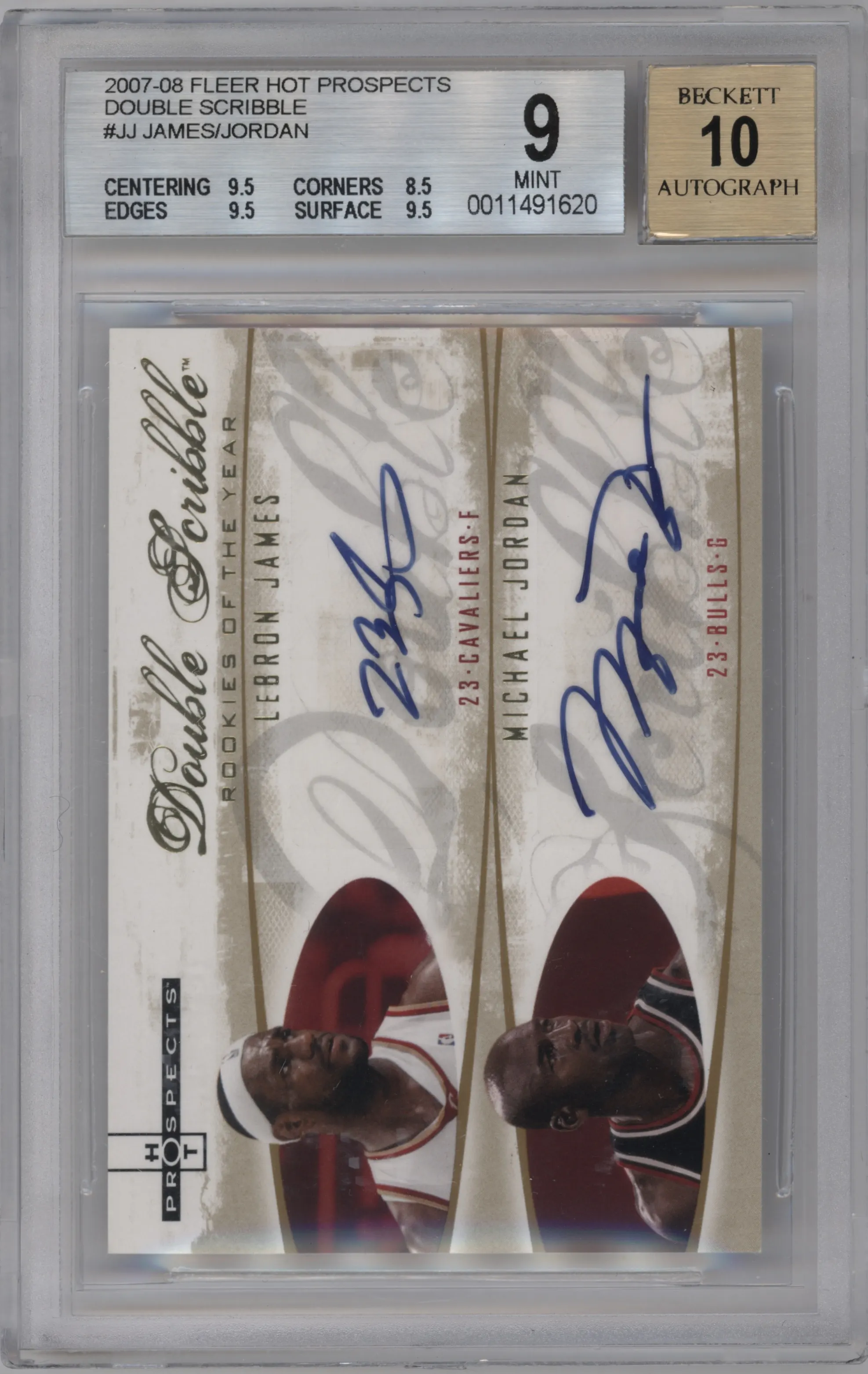 2007 Fleer Hot Prospects Double Scribble Michael Jordan/LeBron James #DS-JJ BGS 9