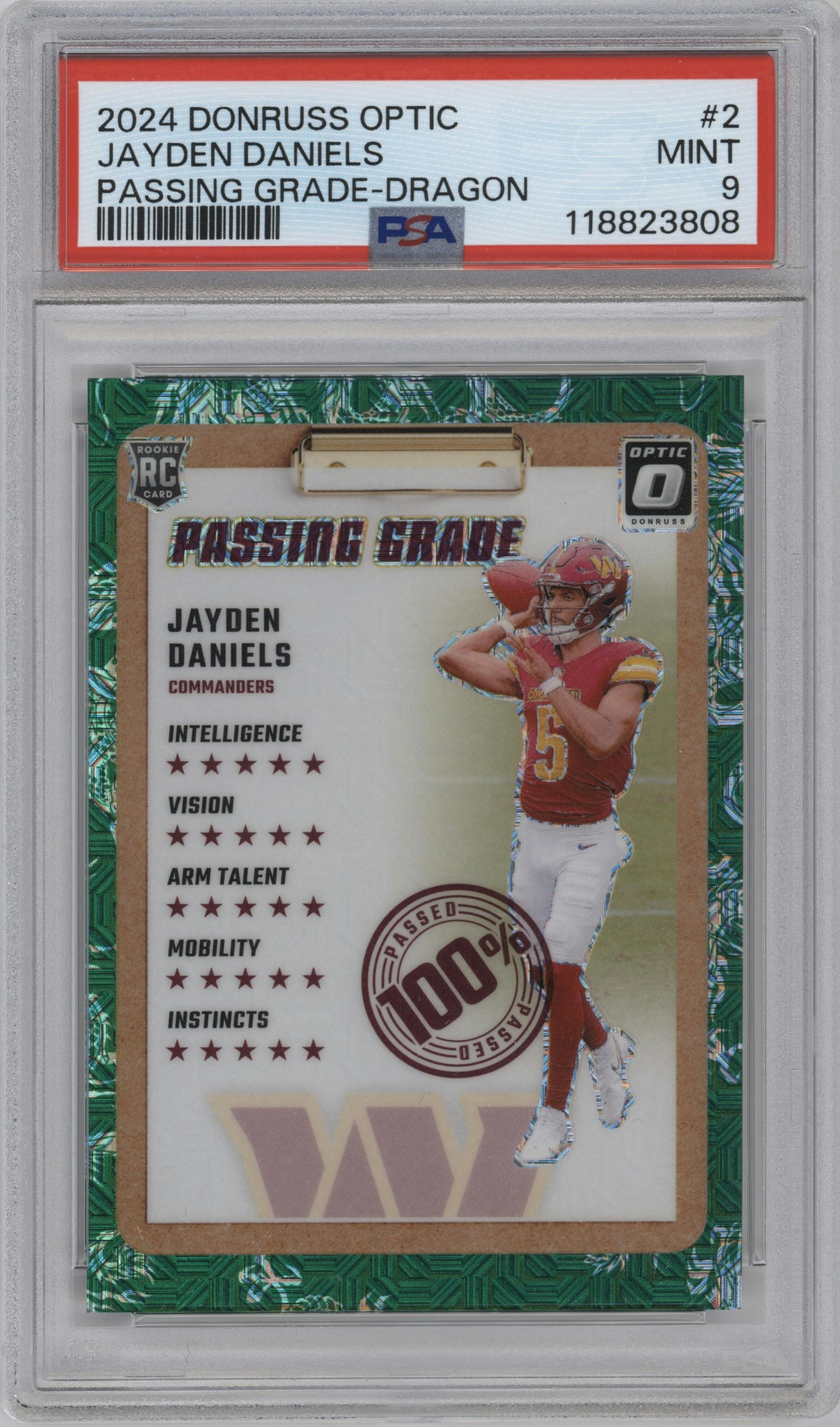 Jayden Daniels	 from the 2024 Donruss Optic set featuring a Dragon parallel graded by PSA and given an overall grade of 9.