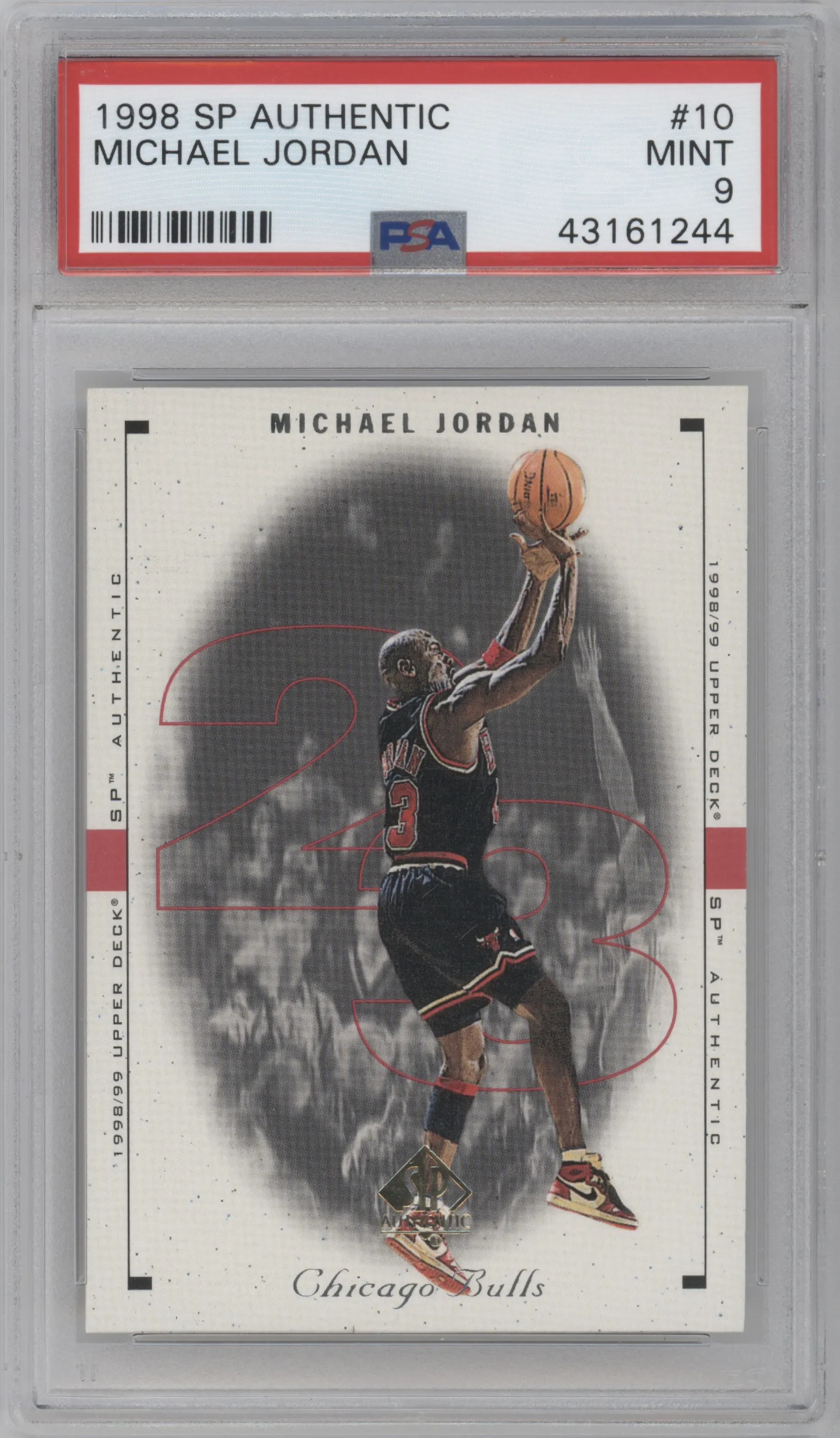 Michael Jordan from the 1998-99 SP Authentic set graded by PSA and given an overall grade of 9.