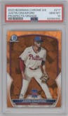 Justin Crawford from the 2023 Bowman Chrome Sapphire Edition set featuring a Orange parallel graded by PSA and given an overall grade of 10.
