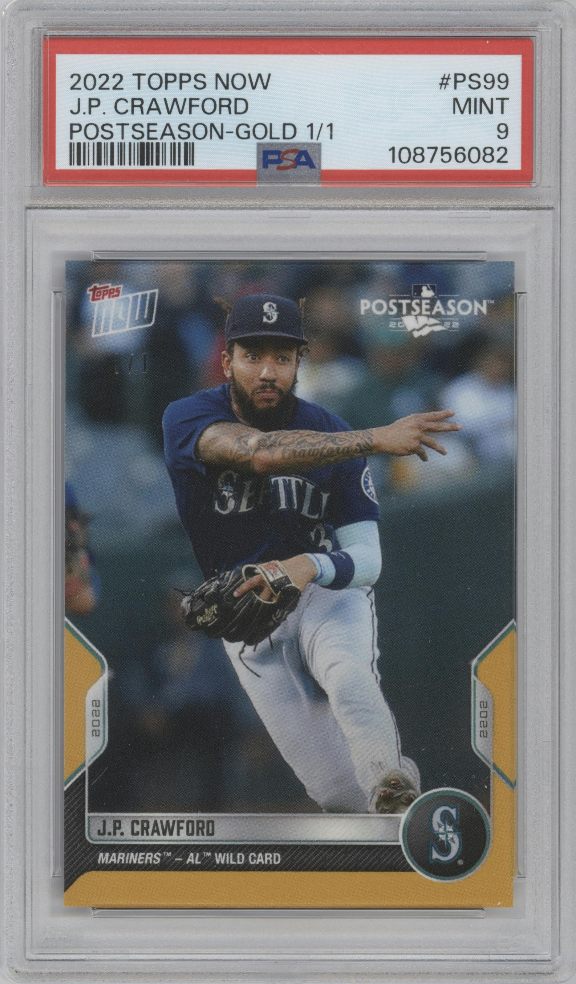 J.P. Crawford from the 2022 Topps Now Postseason set featuring a Gold parallel graded by PSA and given an overall grade of 9.