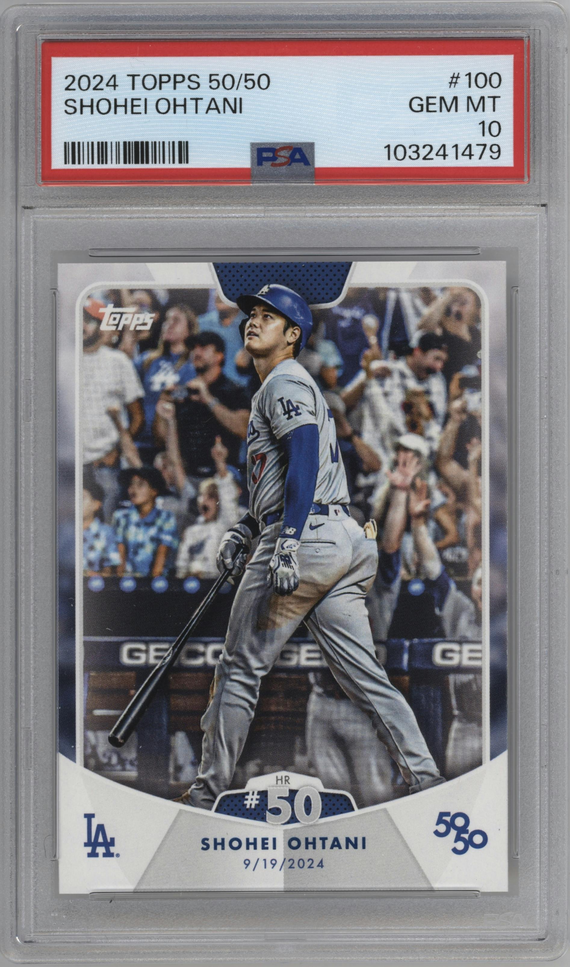 Shohei Ohtani from the 2024 Topps 50/50 set graded by PSA and given an overall grade of 10.
