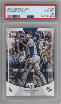 Shohei Ohtani from the 2024 Topps 50/50 set graded by PSA and given an overall grade of 10.