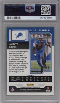 Jahmyr Gibbs from the 2023 Panini Contenders Optic set featuring a Black Pulsar parallel graded by PSA and given an overall grade of 10.