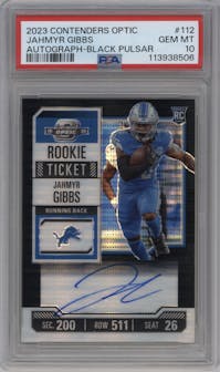 Jahmyr Gibbs from the 2023 Panini Contenders Optic set featuring a Black Pulsar parallel graded by PSA and given an overall grade of 10.