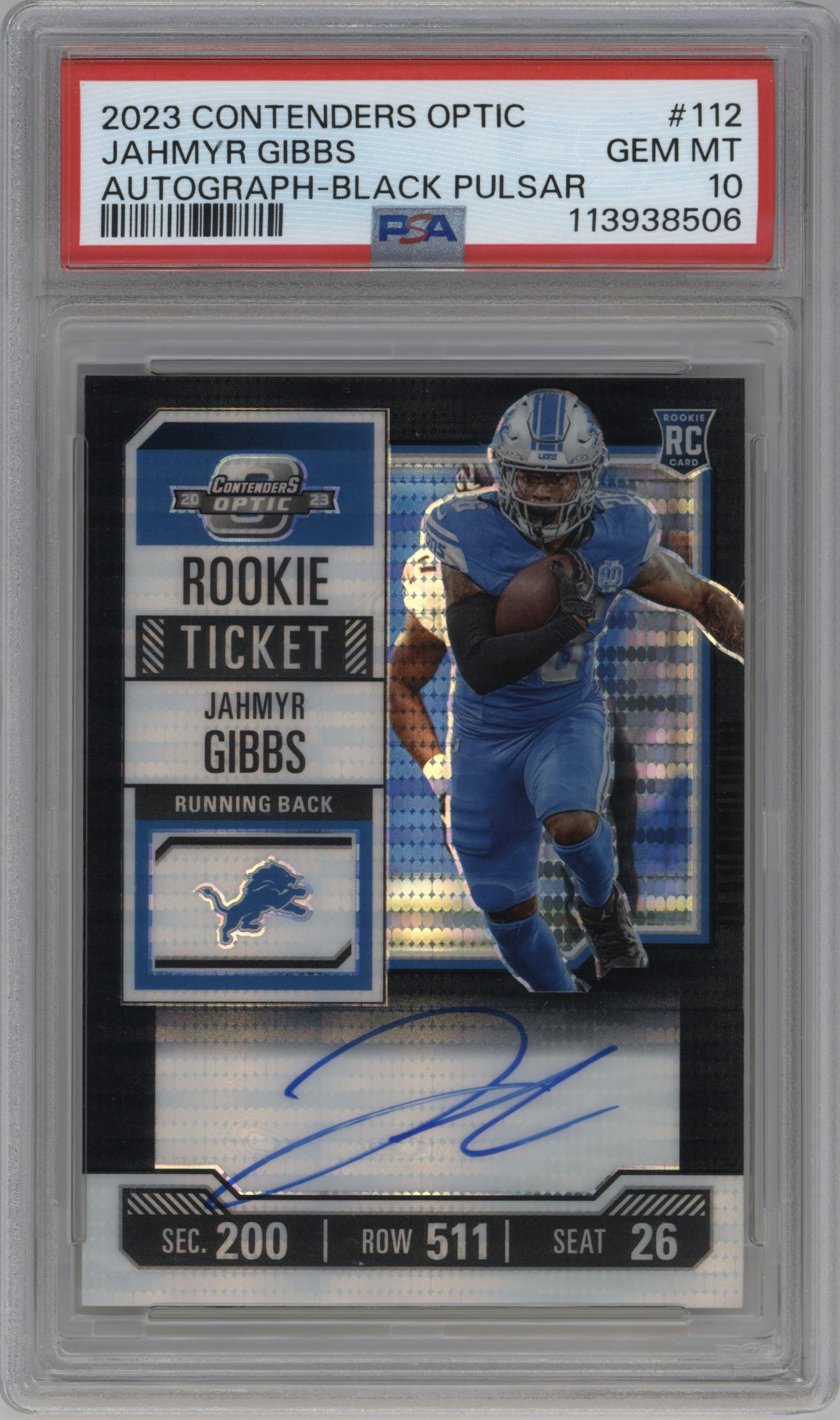 Jahmyr Gibbs from the 2023 Panini Contenders Optic set featuring a Black Pulsar parallel graded by PSA and given an overall grade of 10.