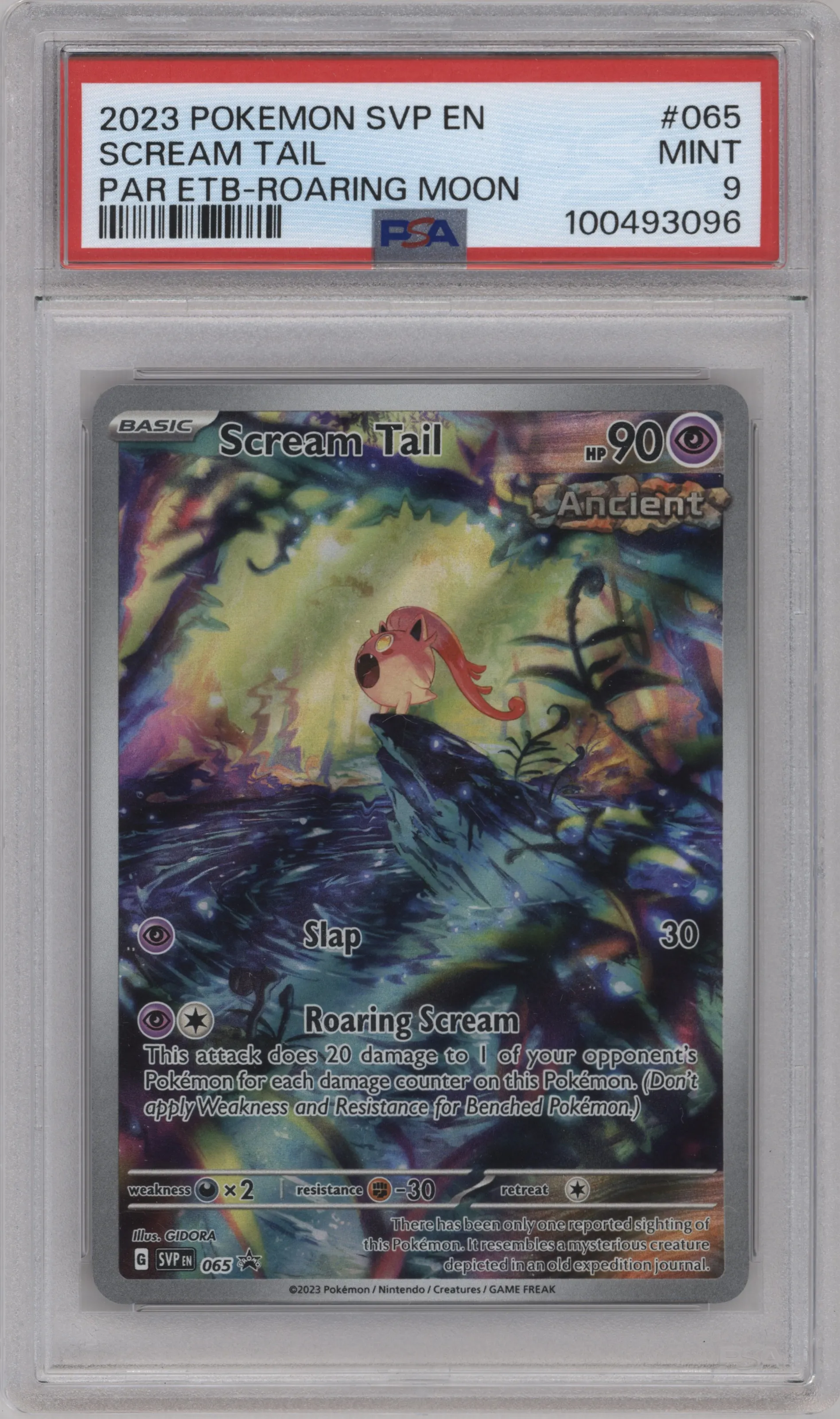 Scream Tail from the 2023 Pokemon SV set featuring a Paradox Rift Elite Trainer Box parallel graded by PSA and given an overall grade of 9.