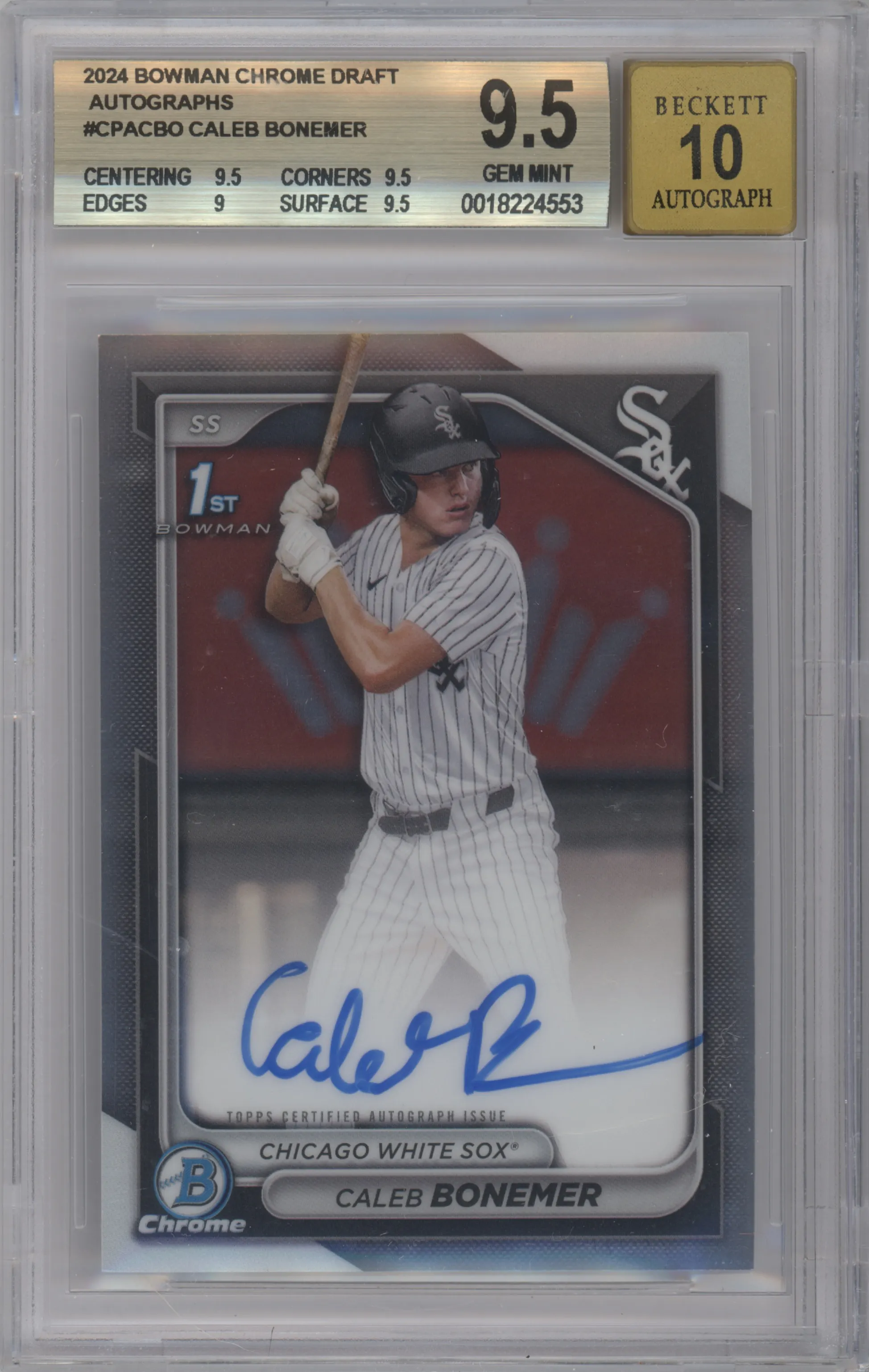 Caleb Bonemer  from the 2024 Bowman Draft set graded by Beckett and given an overall grade of 9.5.