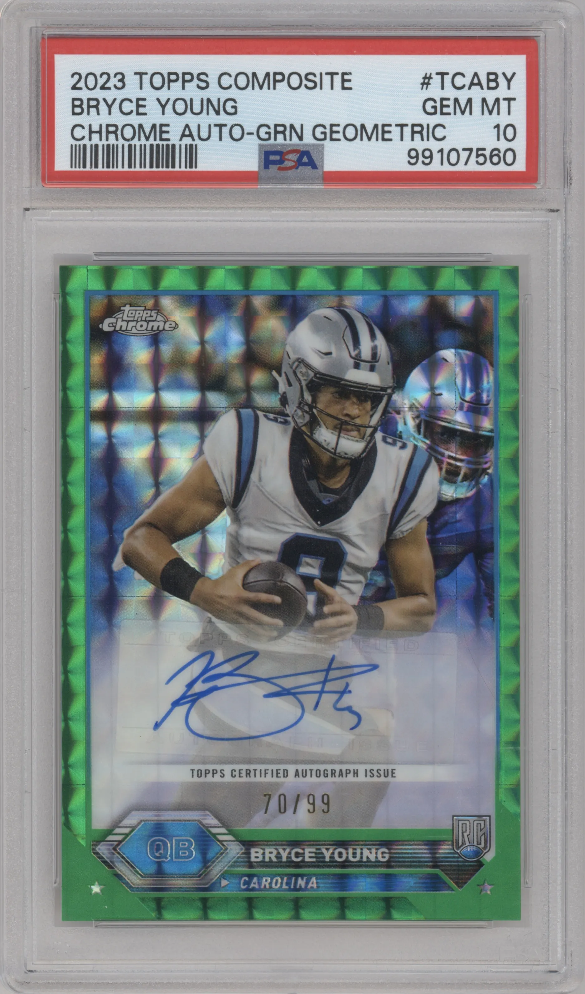 Bryce Young from the 2023 Topps Composite set featuring a Geometric Green parallel graded by PSA and given an overall grade of 10.