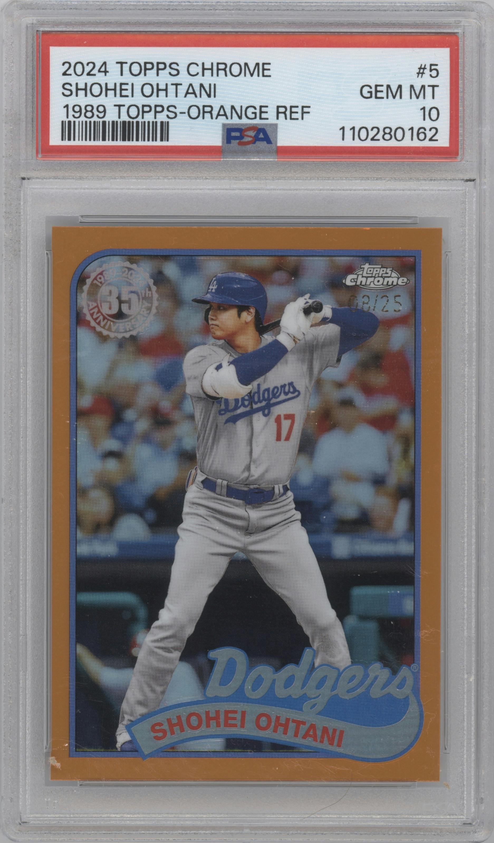 Shohei Ohtani from the 2024 Topps Chrome set featuring a Orange Refractor parallel graded by PSA and given an overall grade of 10.