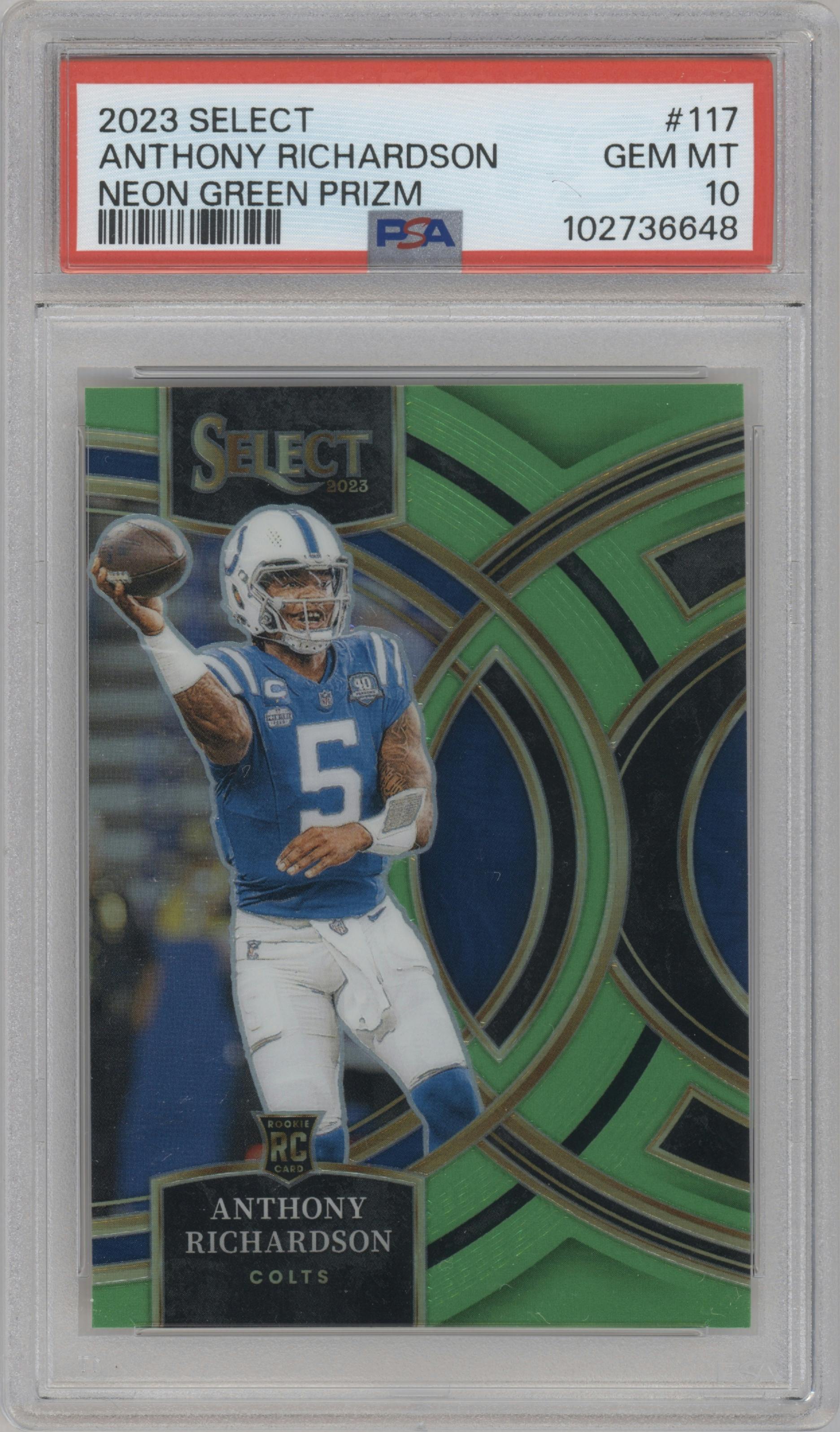  Anthony Richardson  from the 2023 Panini Select set featuring a Neon Green Prizm parallel graded by PSA and given an overall grade of 10.