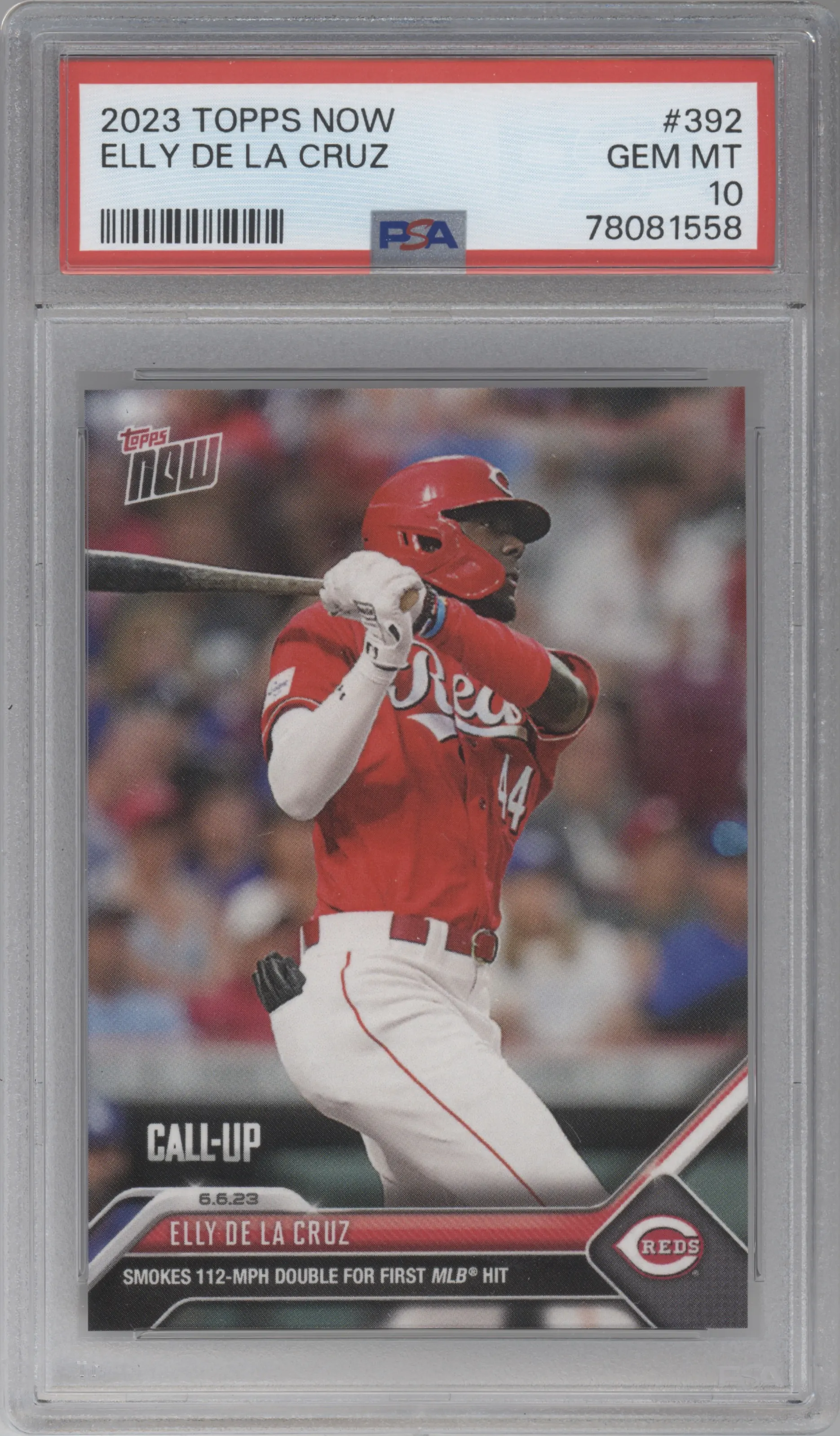 Elly De La Cruz from the 2023 Topps Now set graded by PSA and given an overall grade of 10.
