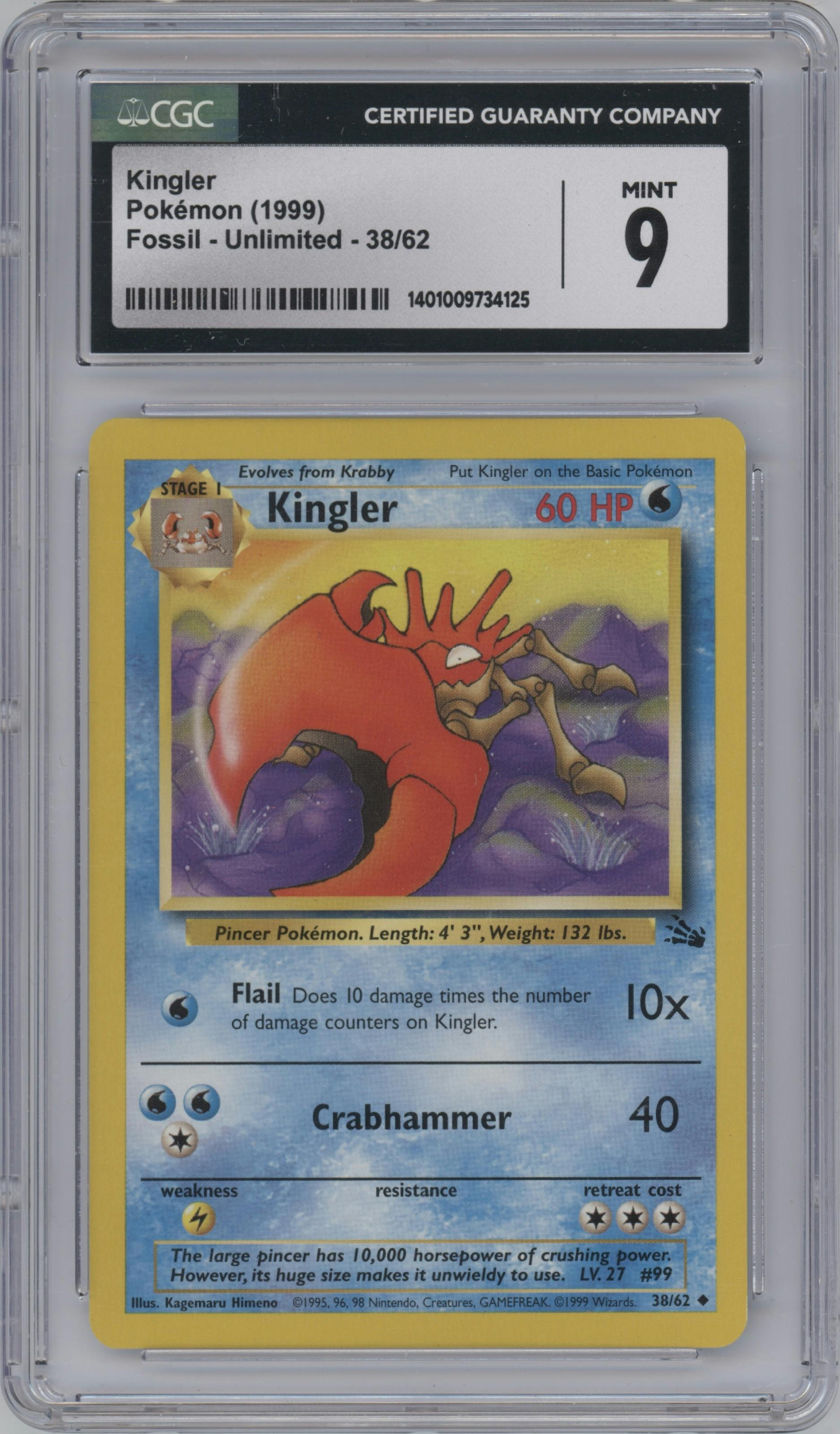 Kingler from the 1999 Pokemon set graded by CSG and given an overall grade of 9.