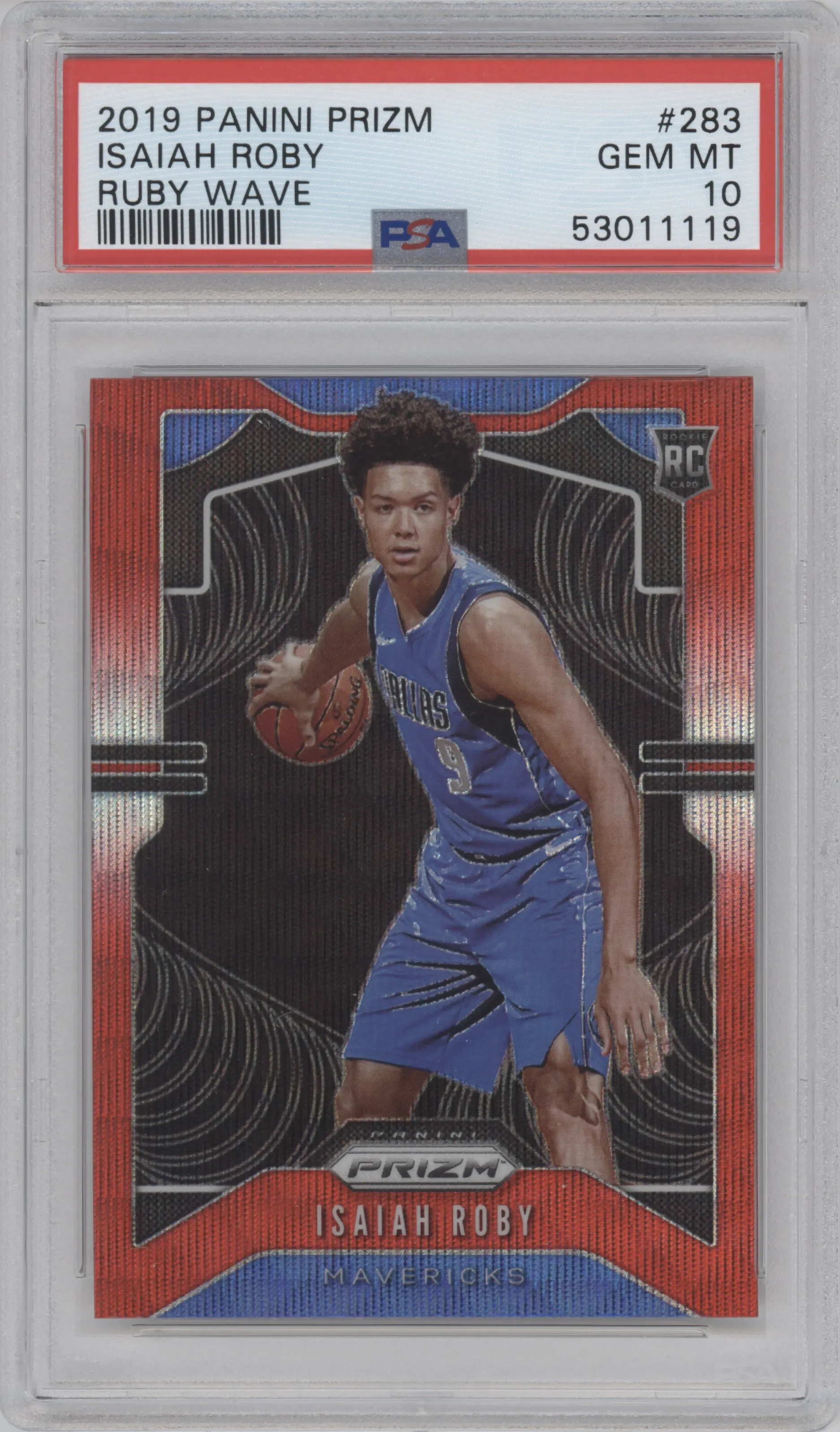 Isaiah Roby from the 2019-20 Panini Prizm set featuring a Ruby Wave parallel graded by PSA and given an overall grade of 10.