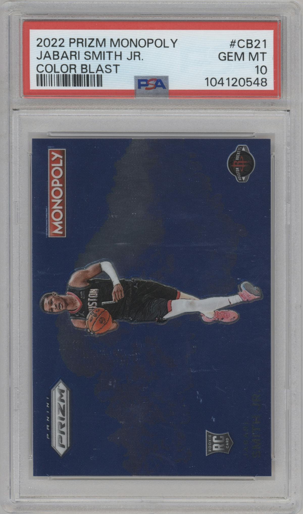 Jabari Smith Jr. from the 2022-23 Panini Prizm Monopoly set graded by PSA and given an overall grade of 10.