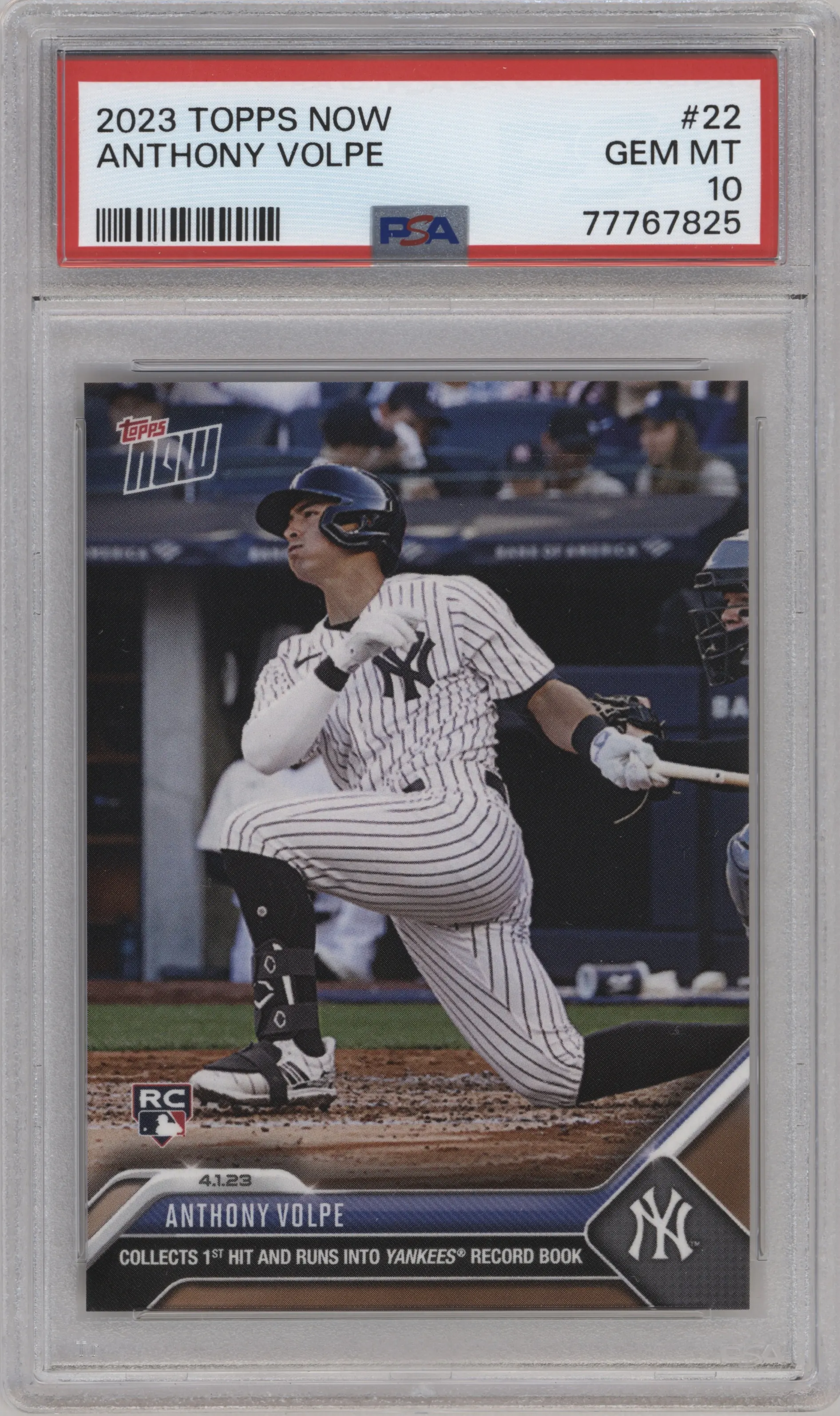 Anthony Volpe from the 2023 Topps Now set graded by PSA and given an overall grade of 10.