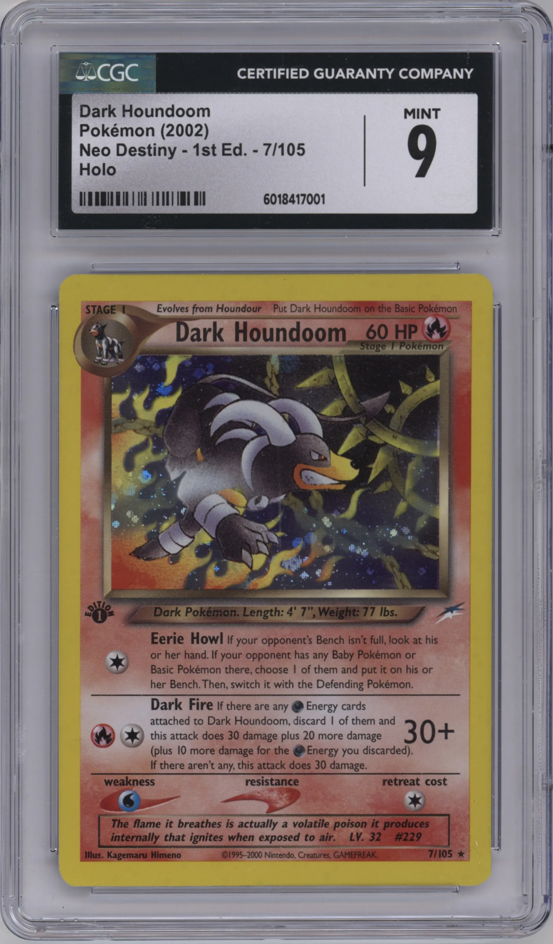 Dark Houndoom from the 2002 Pokemon Neo Genesis set graded by CSG and given an overall grade of 9.
