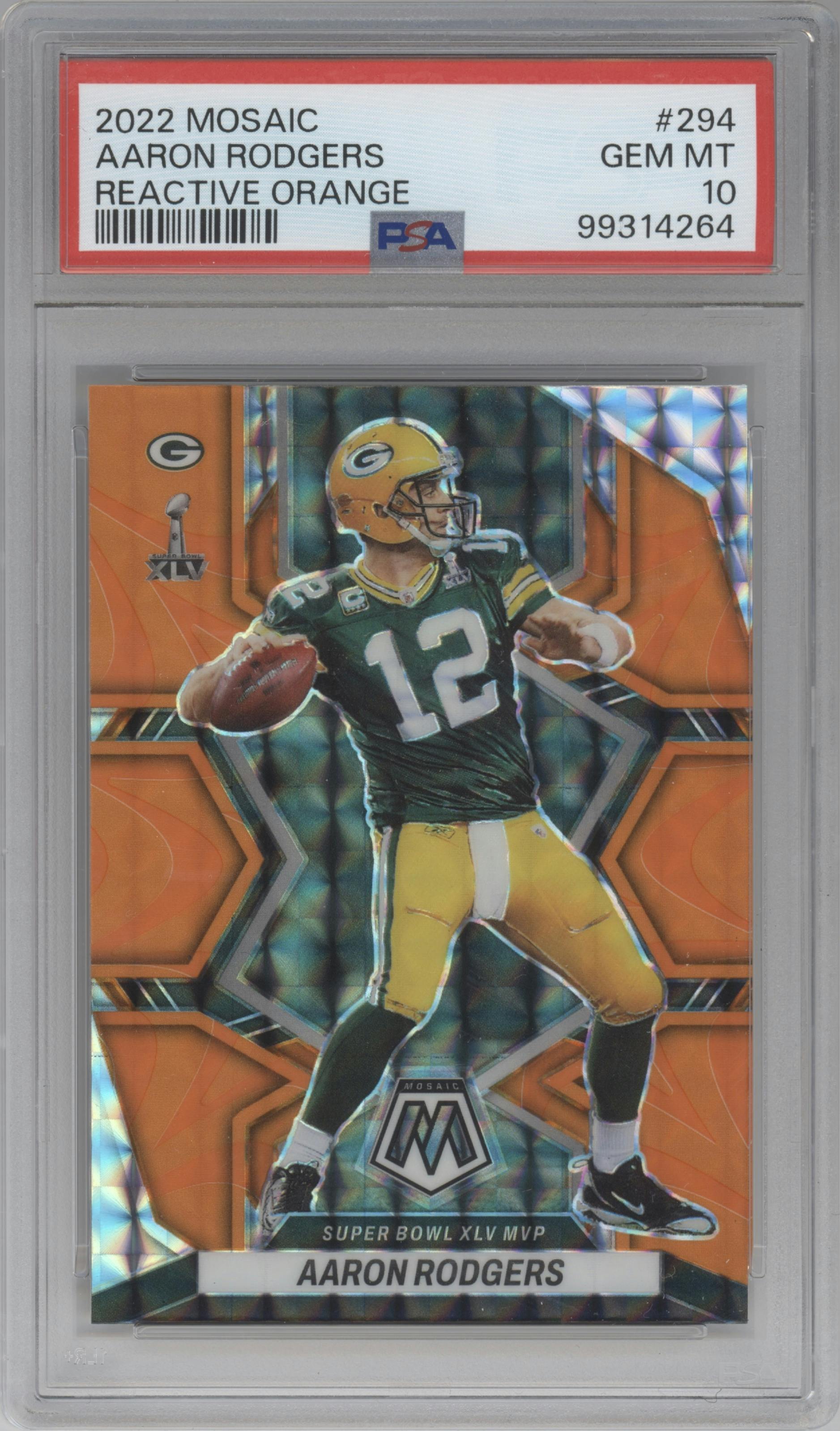 Aaron Rodgers from the 2022 Panini Mosaic set featuring a Reactive Orange parallel graded by PSA and given an overall grade of 10.