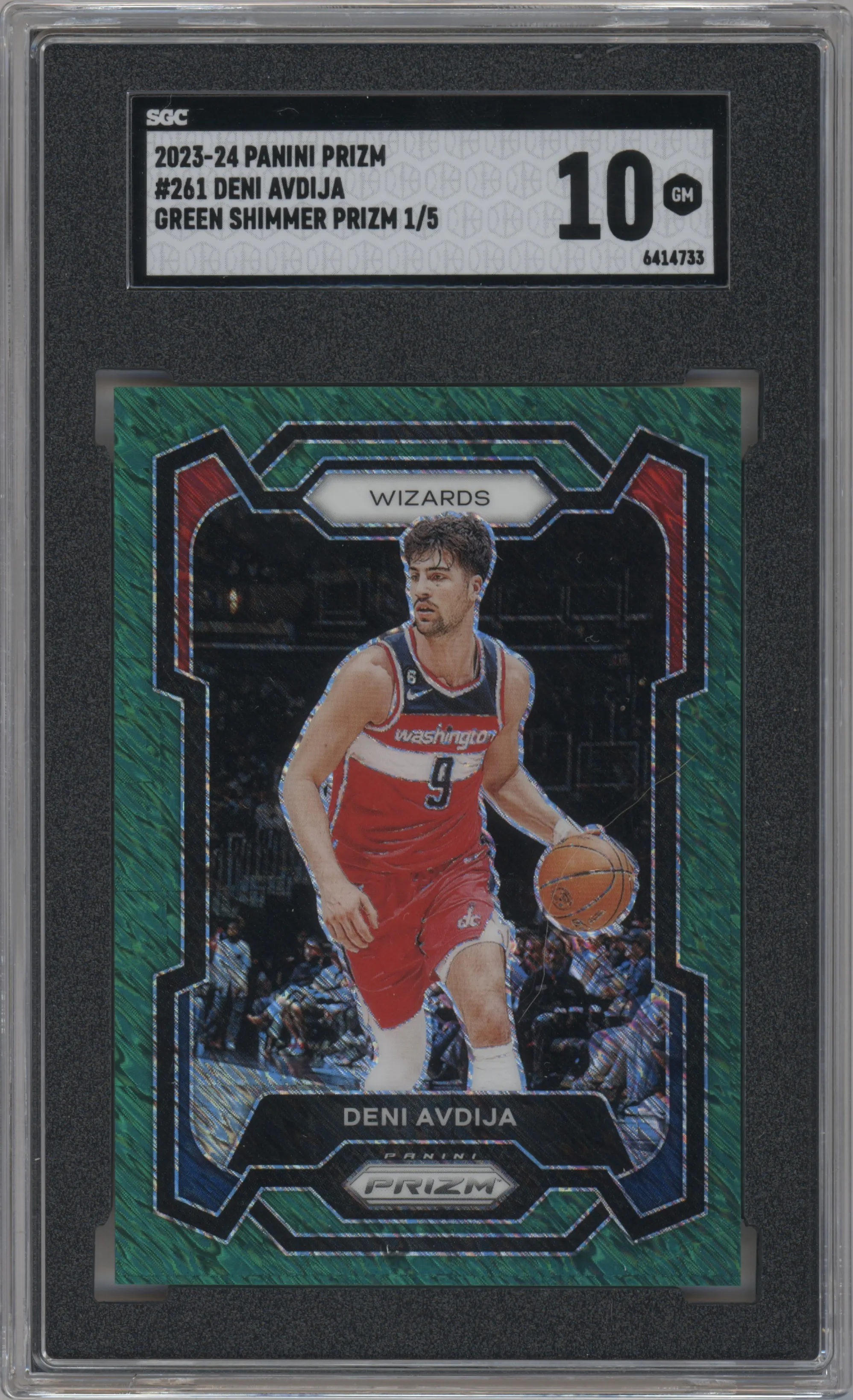 Deni Avdija from the 2023-24 Panini Prizm set featuring a Green Shimmer FOTL parallel graded by SGC and given an overall grade of 10.