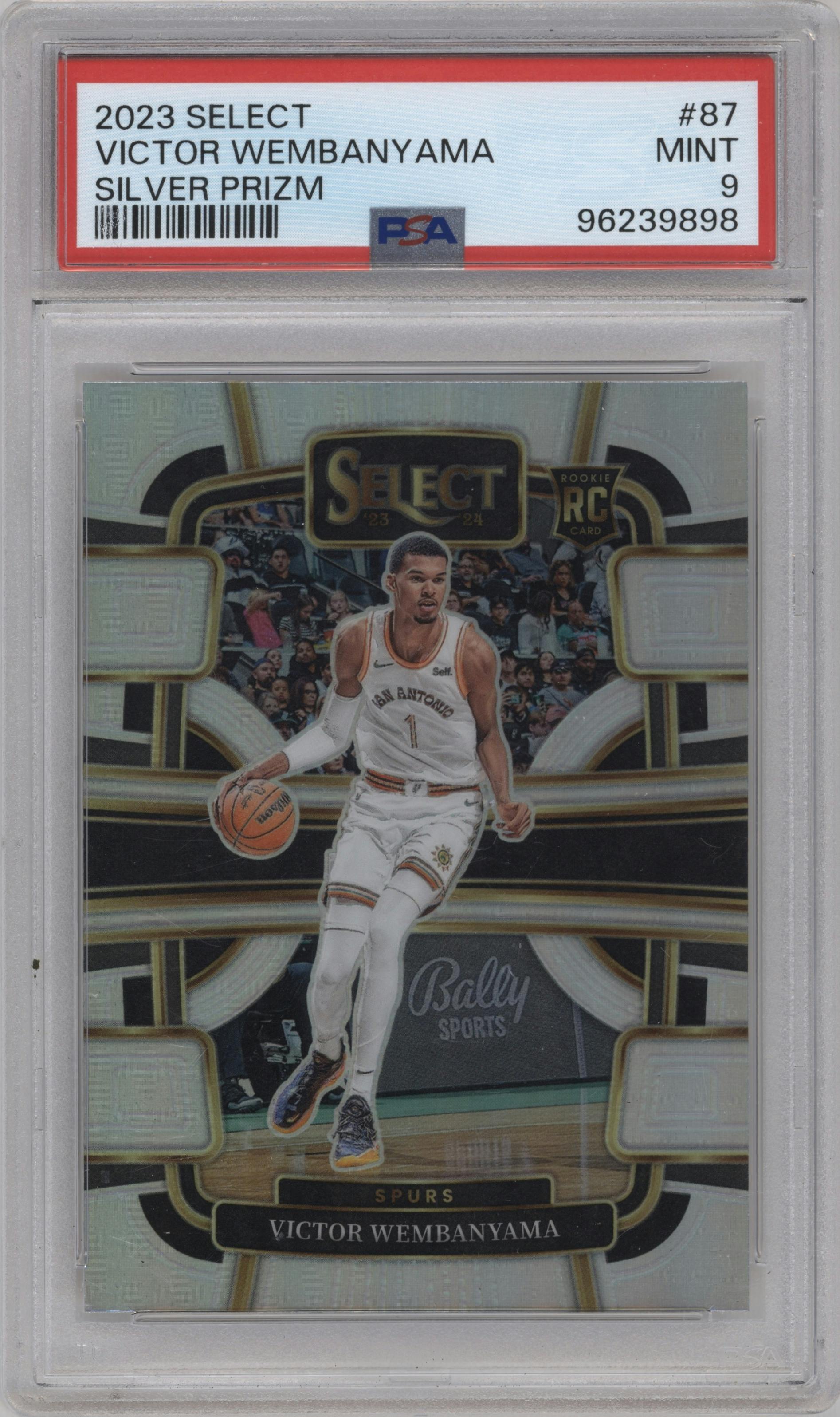 Victor Wembanyama from the 2023-24 Panini Select  set featuring a Silver Prizm parallel graded by PSA and given an overall grade of 9.