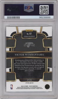 Victor Wembanyama from the 2023-24 Panini Select  set featuring a Silver Prizm parallel graded by PSA and given an overall grade of 9.
