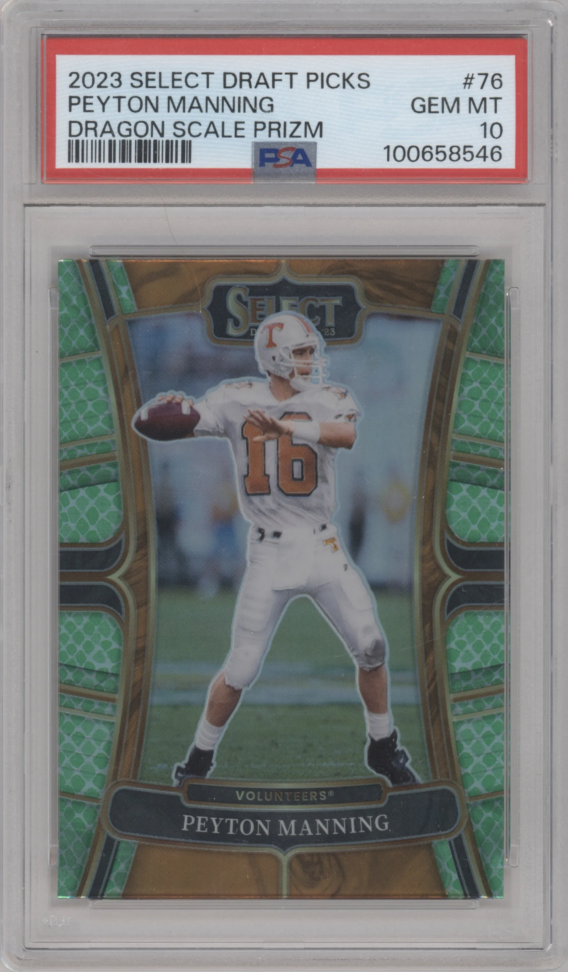 Peyton Manning from the 2023 Panini Select Draft Picks set featuring a Dragon Scale parallel graded by PSA and given an overall grade of 10.