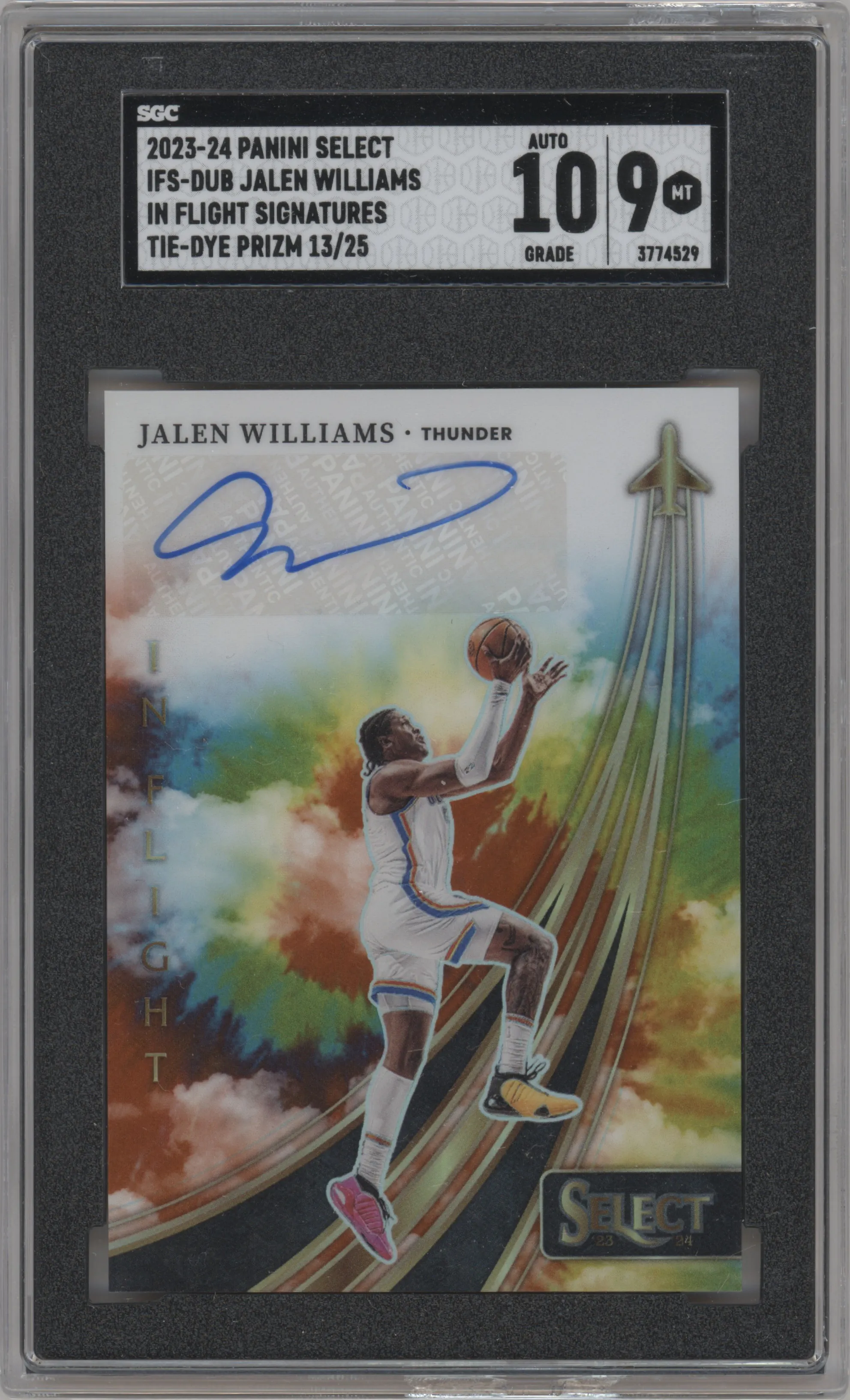 Jalen Williams from the 2023-24 Panini Select  set featuring a Tie-Dye parallel graded by SGC and given an overall grade of 9.