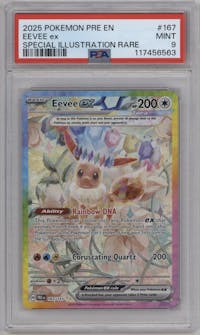 Eevee ex from the 2025 Pokemon SV set graded by PSA and given an overall grade of 9.