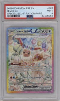 Eevee ex from the 2025 Pokemon SV set graded by PSA and given an overall grade of 9.