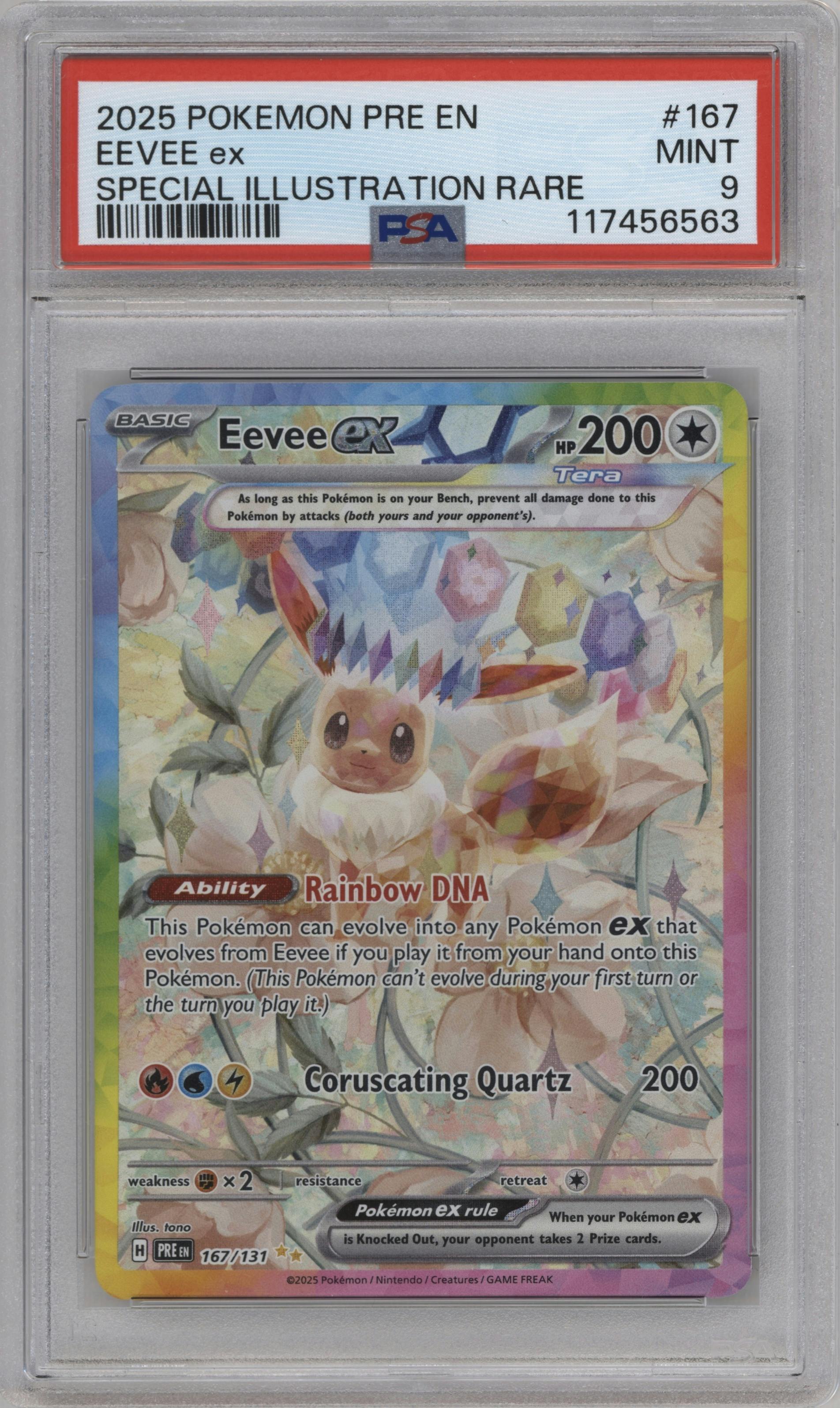 Eevee ex from the 2025 Pokemon SV set graded by PSA and given an overall grade of 9.
