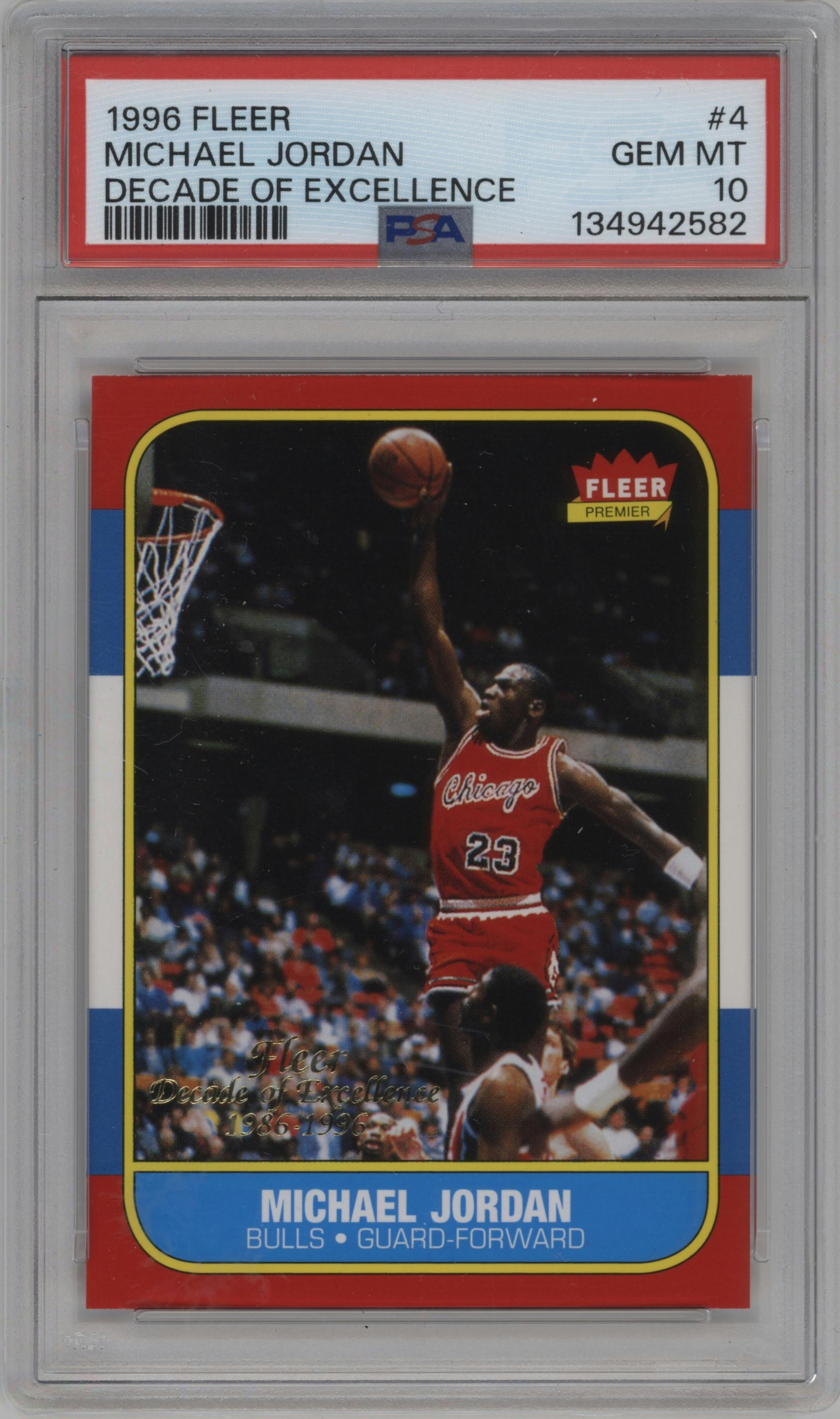 Michael Jordan from the 1996-97 Fleer set graded by PSA and given an overall grade of 10.