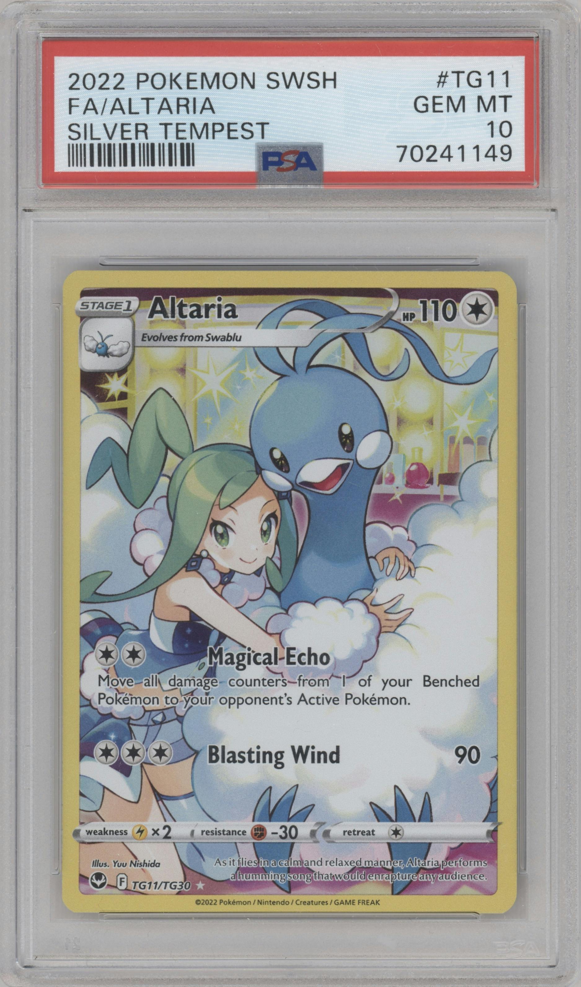 Altaria from the 2022 Pokemon SWSH set graded by PSA and given an overall grade of 10.